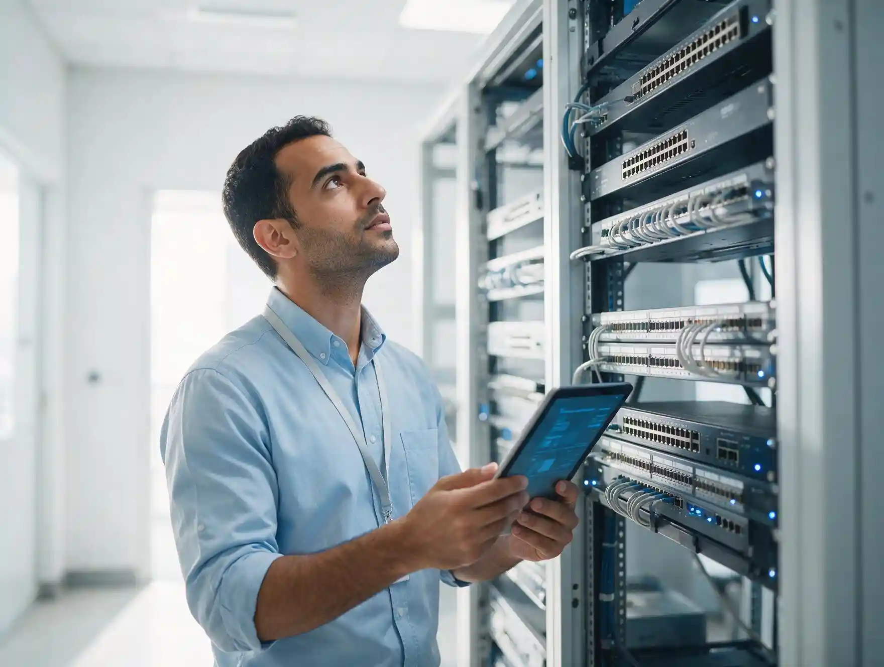 Engineer surveying network and server infrastructure in a corporate communications room in Saudi Arabia