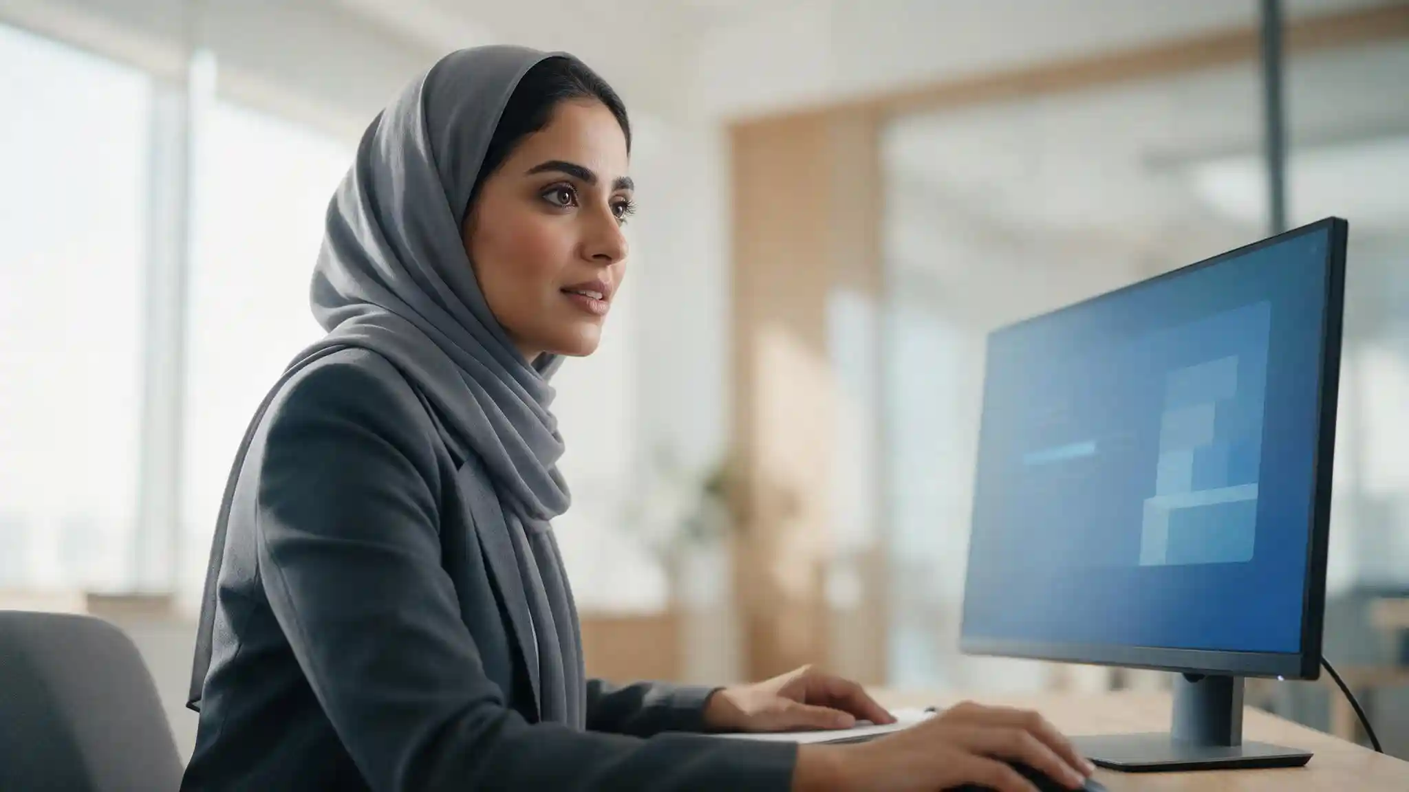 Saudi employee completing an Arabic-language compliance training module at her desk