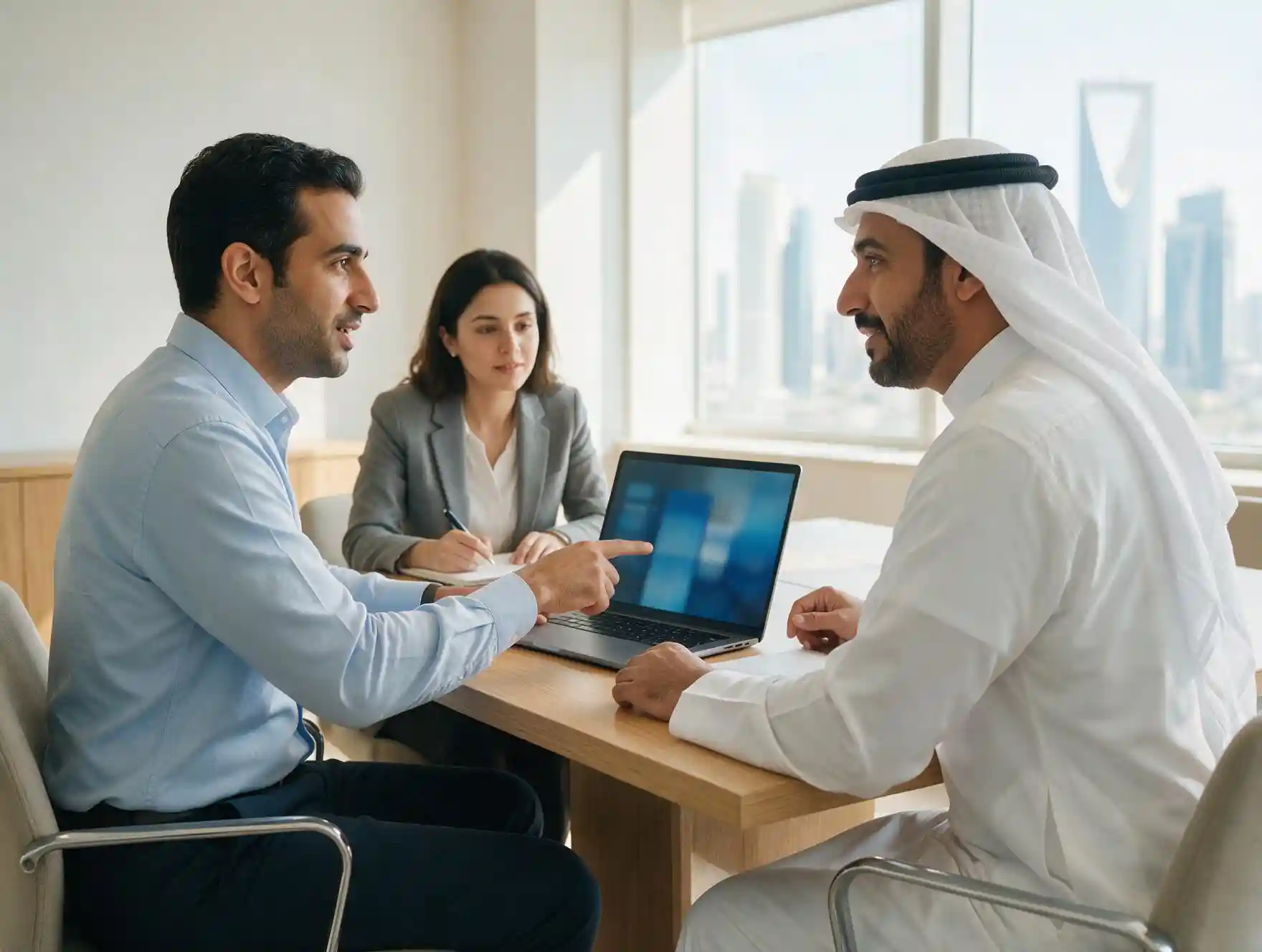 Blue Edge consultant discussing project requirements with clients in Saudi Arabia
