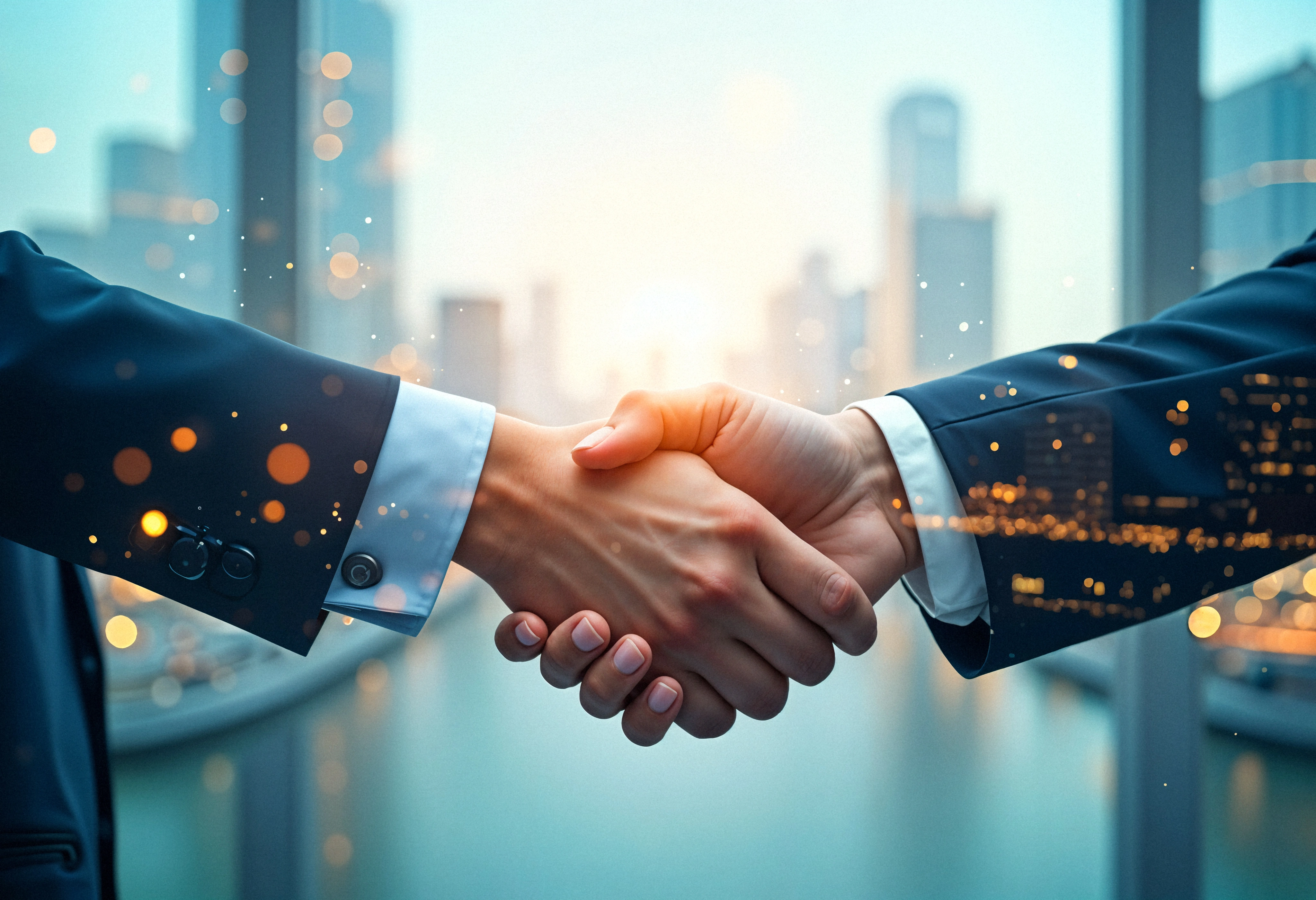 Business partnership handshake in front of a modern city skyline at sunrise