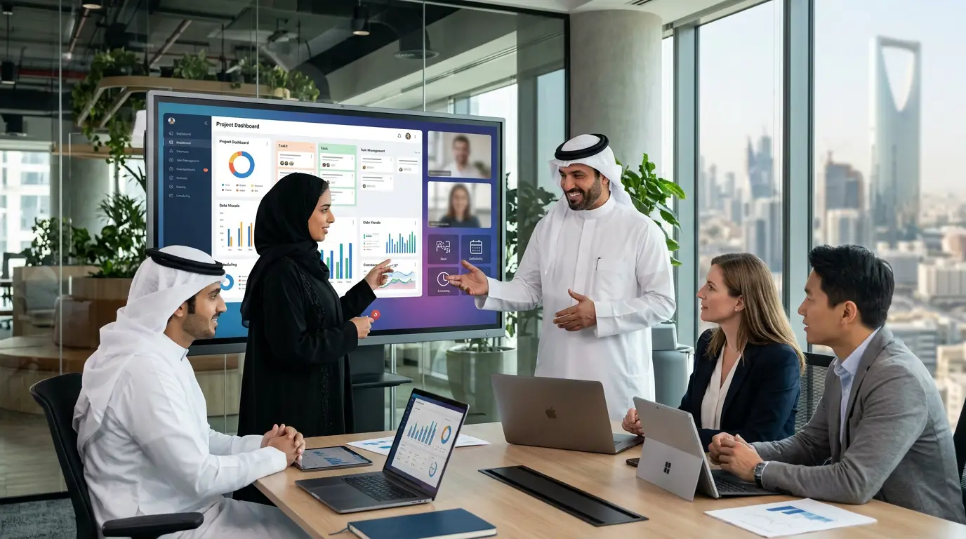 Team presenting on an interactive display in a meeting room in Saudi Arabia