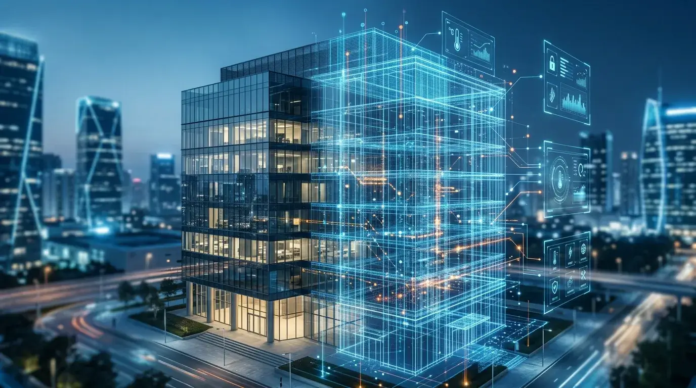 Digital twin technology visualizing a smart building with real-time IoT data and predictive analytics