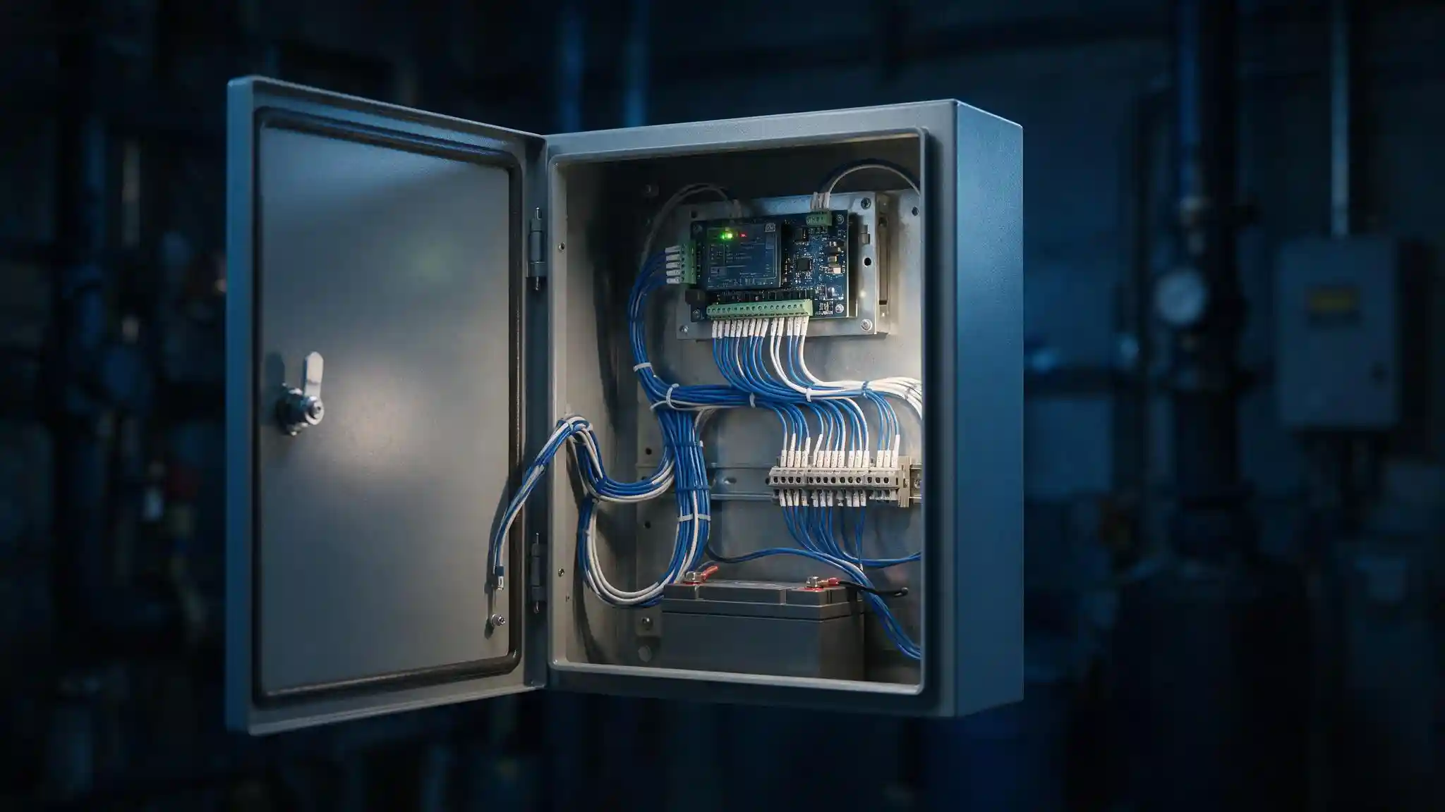 Access control panel cabinet with door controllers, wiring terminals and backup battery for a commercial building
