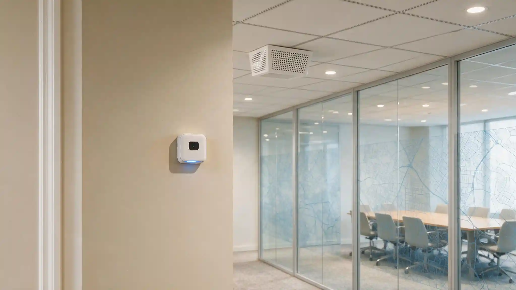 Environmental sensor mounted at breathing zone height in an office away from air diffusers and doorways