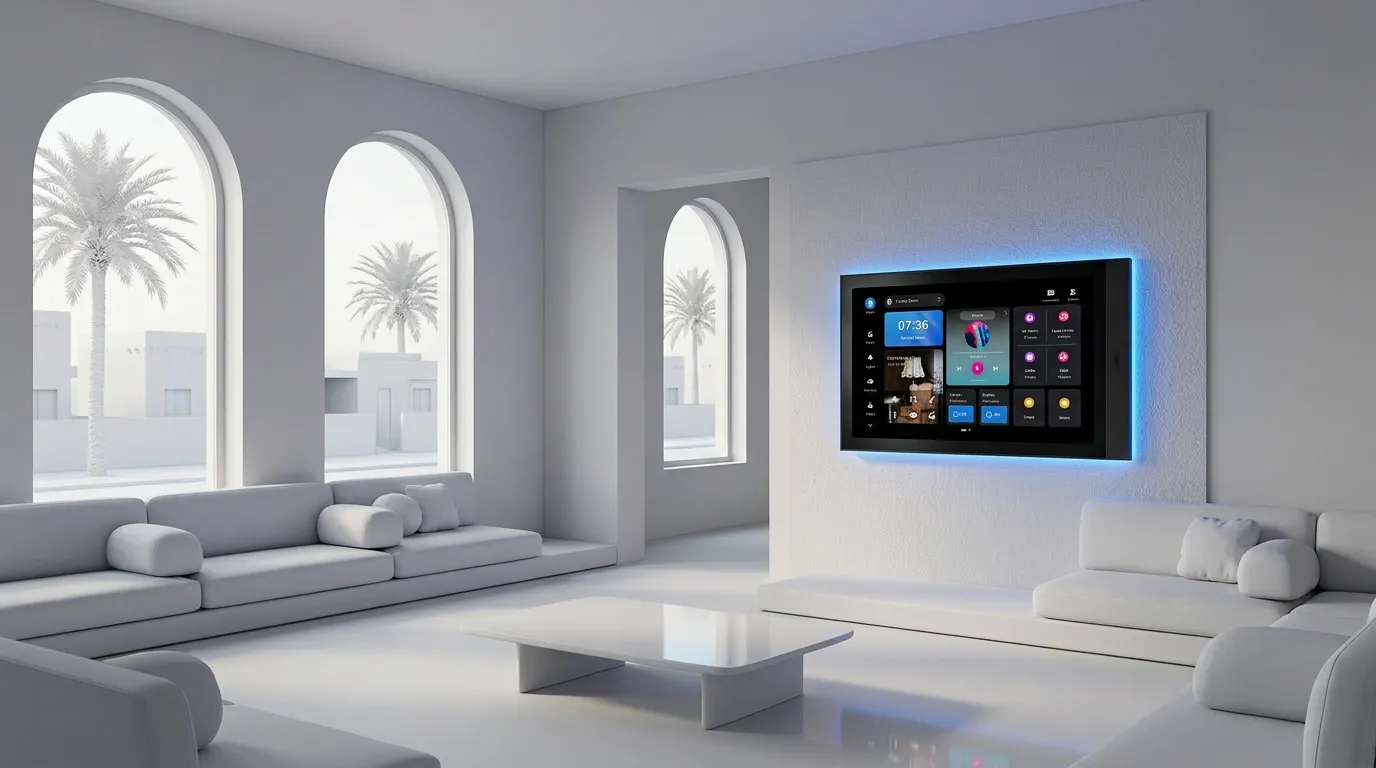 Akubela HyPanel smart home panel on the wall of a bright Saudi villa majlis