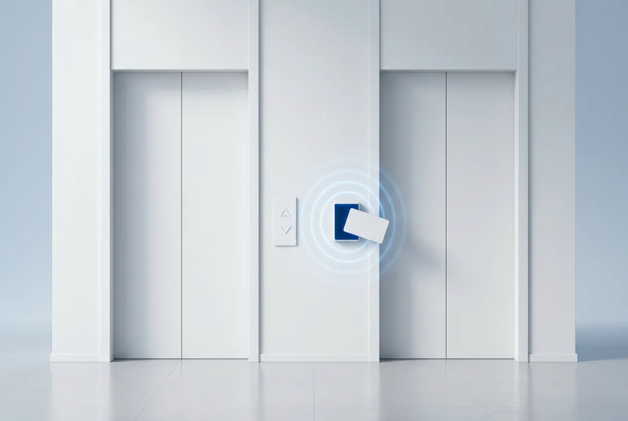 Akuvox EC33 elevator access controller and an access control terminal on a light grey background