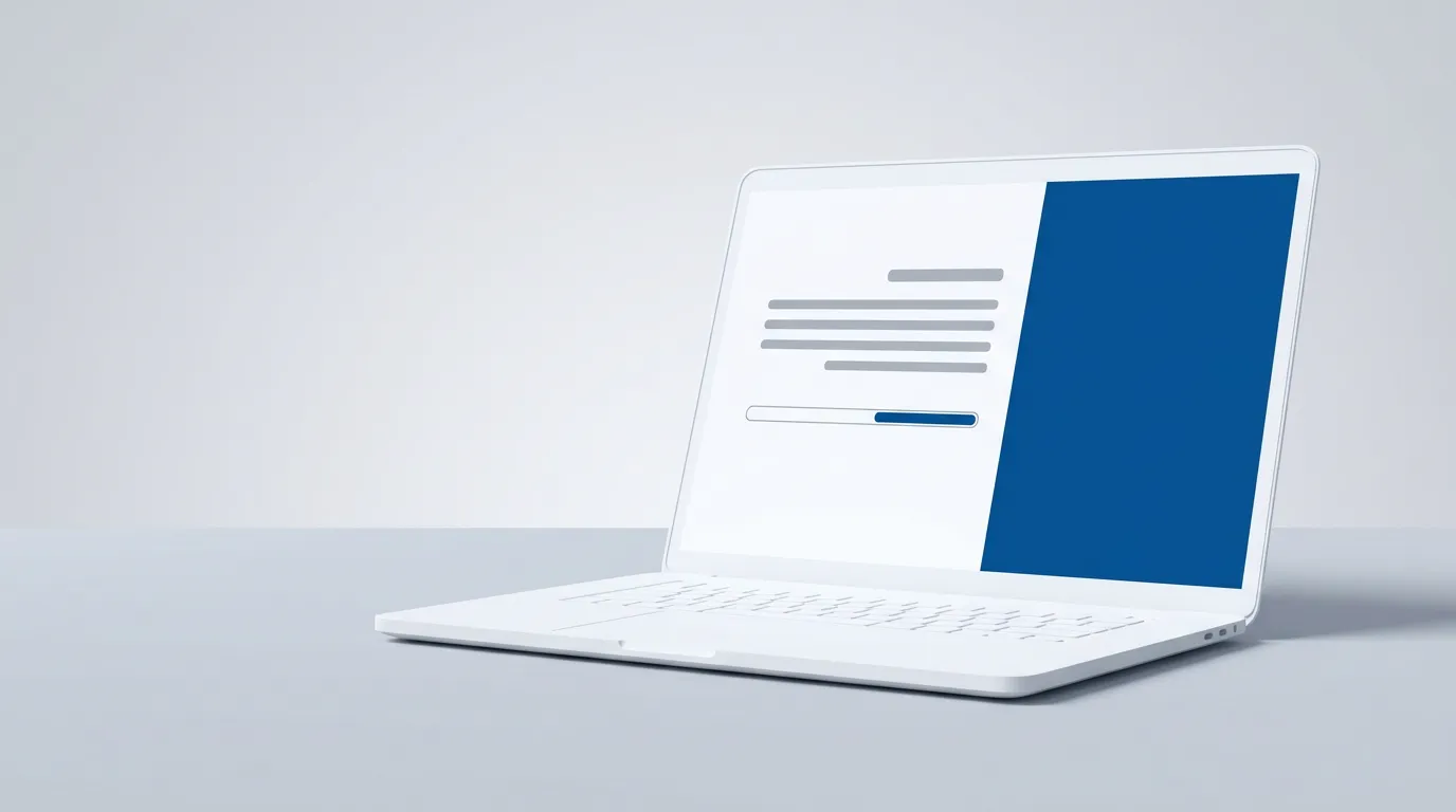 Laptop showing an abstract right-to-left training module layout in blue and grey