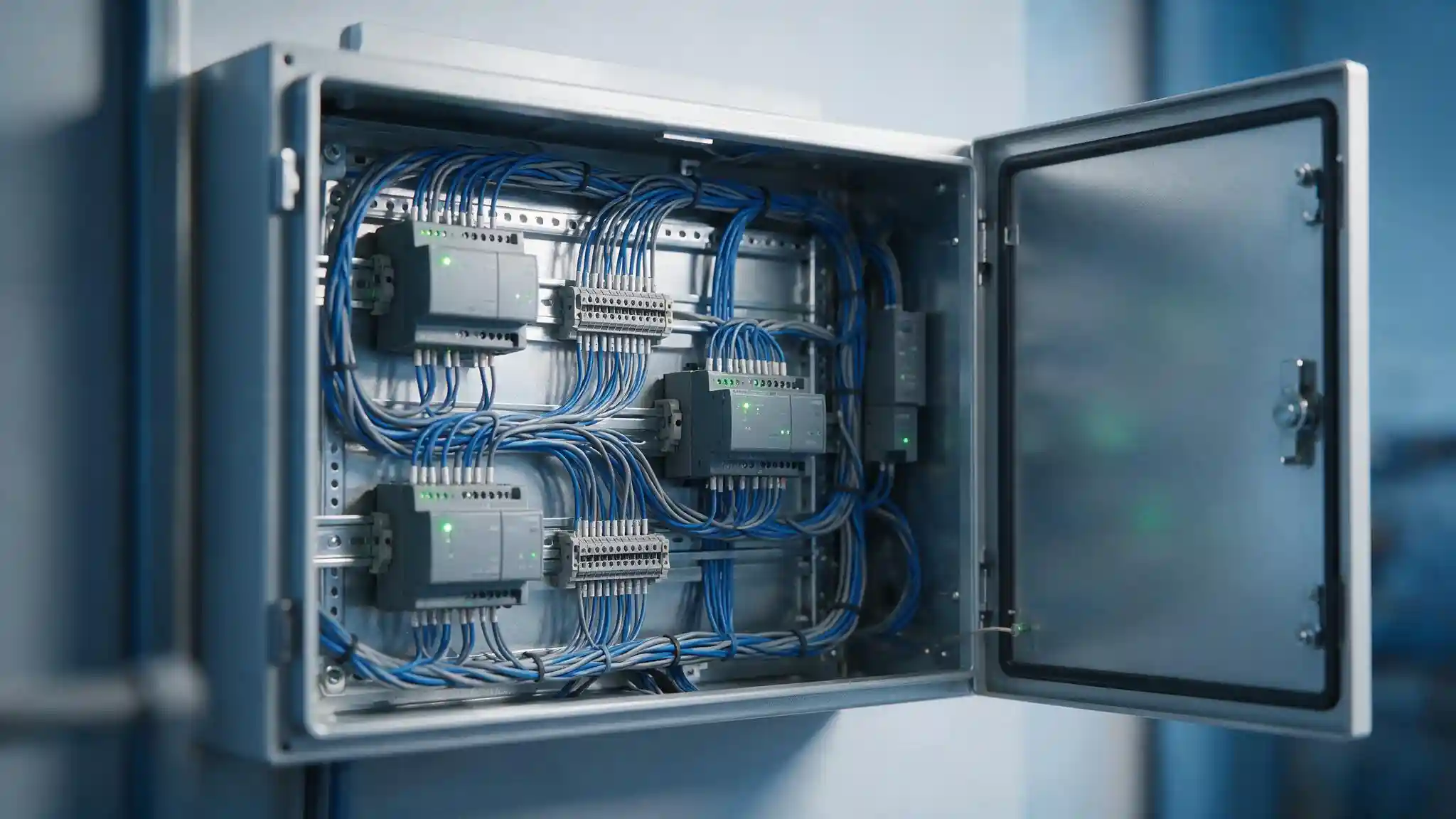 BACnet and Modbus building automation protocols connecting HVAC controllers and field devices in a control panel