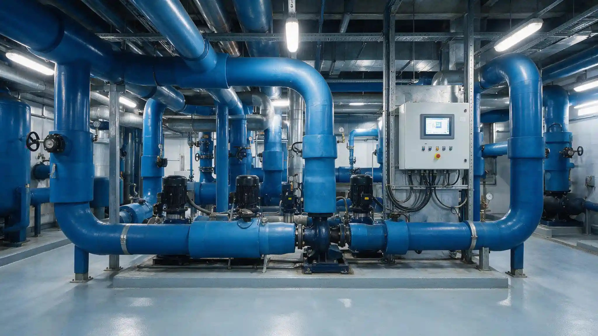 Chiller plant room with building management system control panel and energy metering equipment