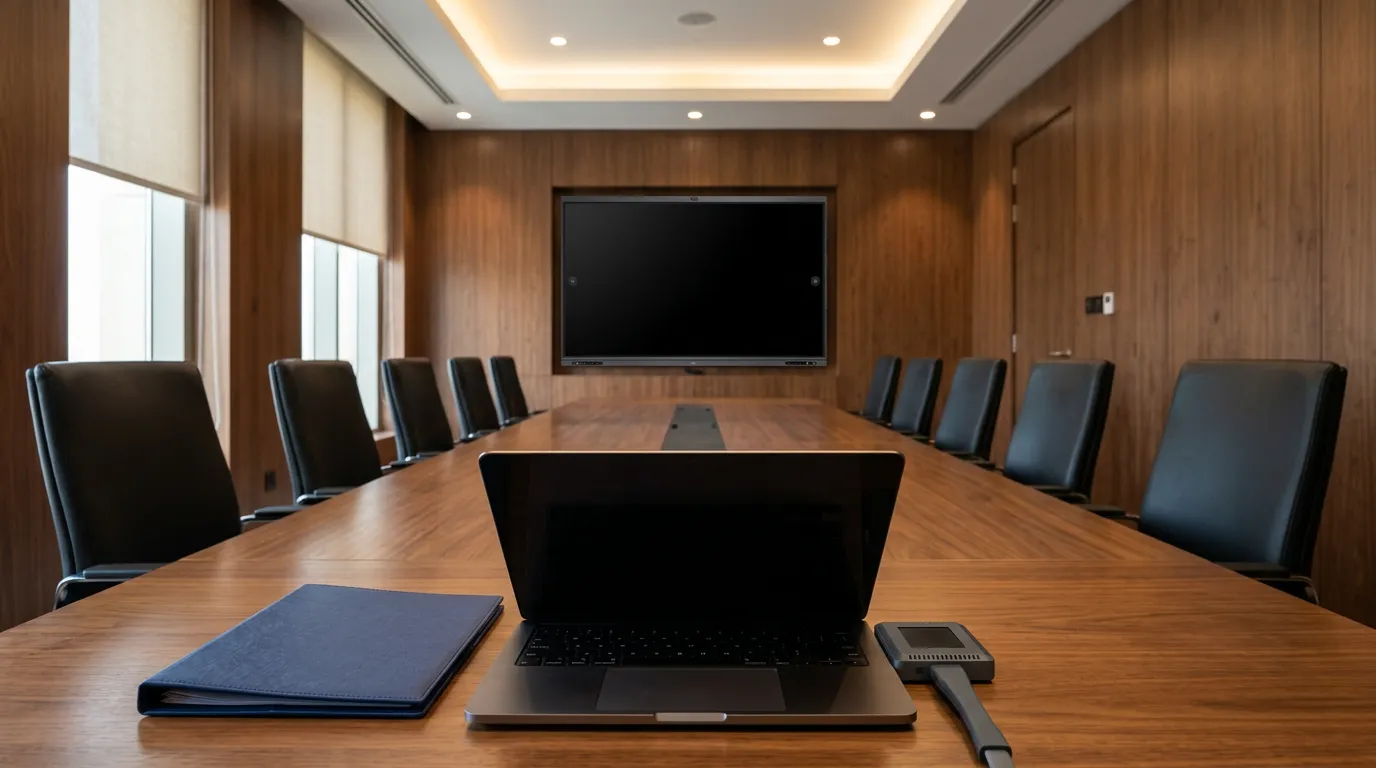 Boardroom with an interactive display and a dongle-equipped laptop at the head of the table