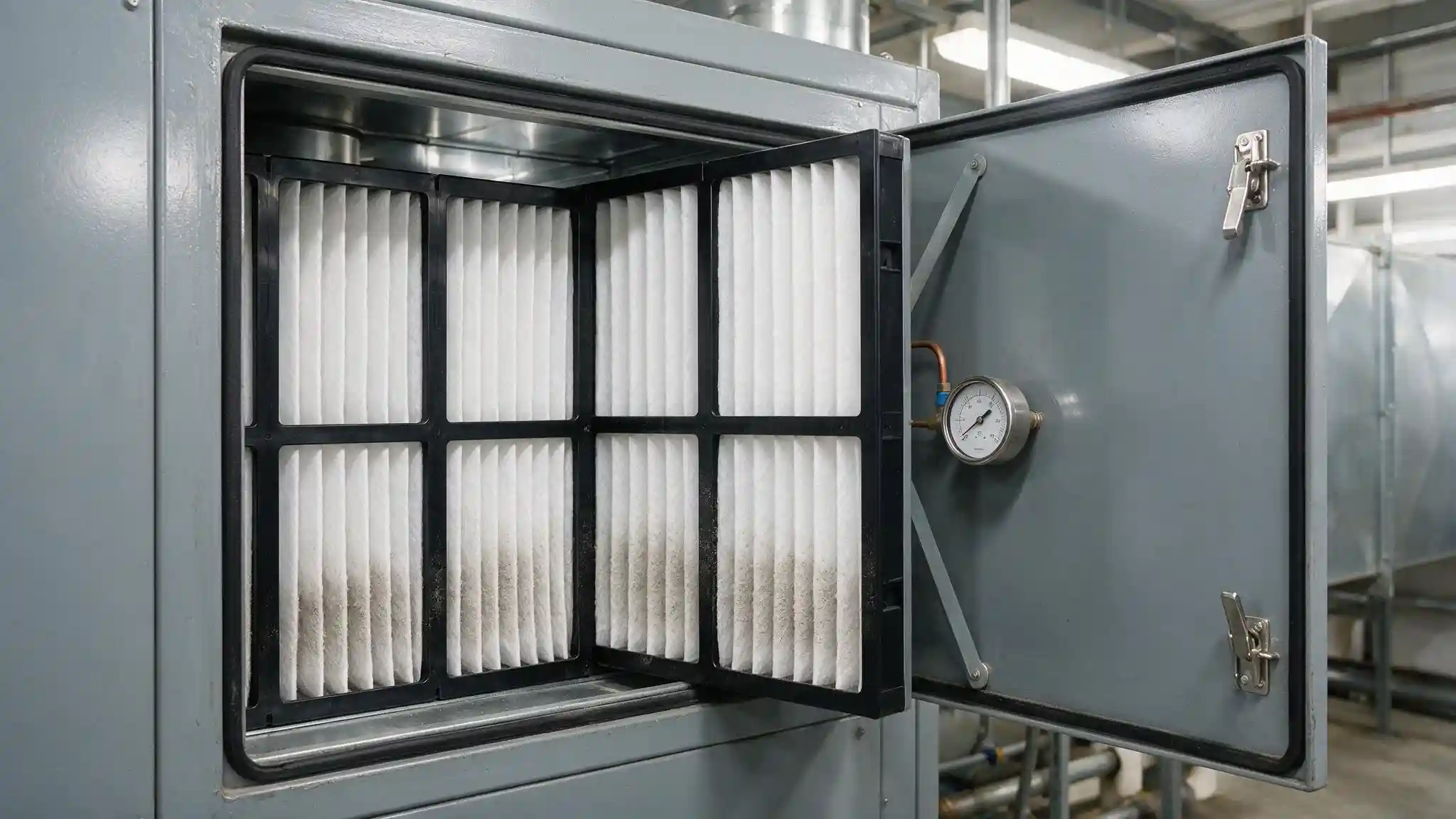 Air handling unit filter bank with differential pressure gauge used to monitor filter loading in a commercial building