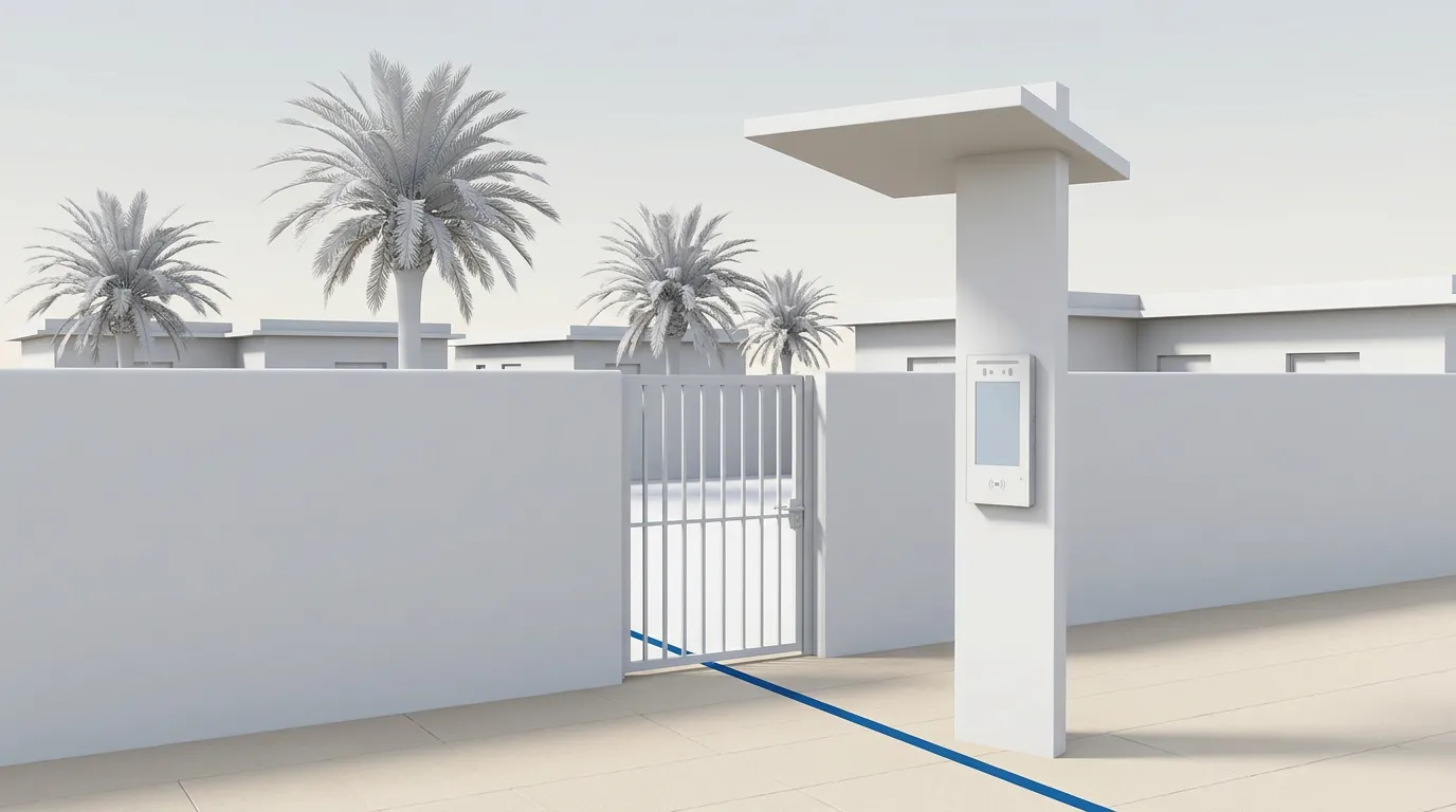 Pedestrian gate of a Saudi residential compound with an access terminal on a post