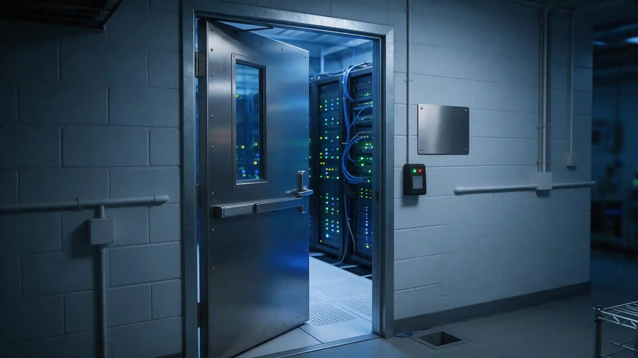 Card reader controlling access to a server room where physical security and cybersecurity responsibilities meet