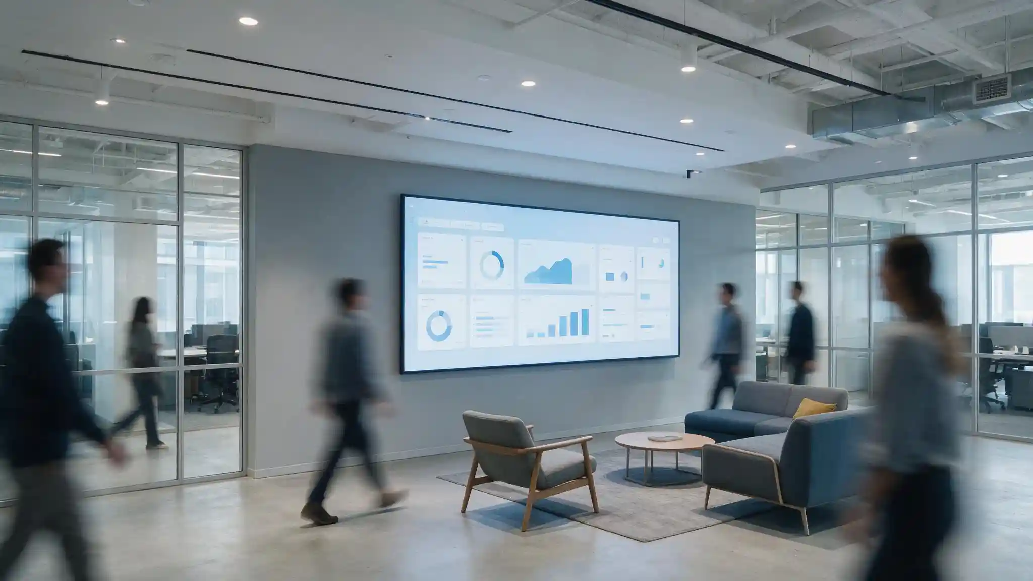 Corporate office display wall showing internal communications and live operational dashboards to staff