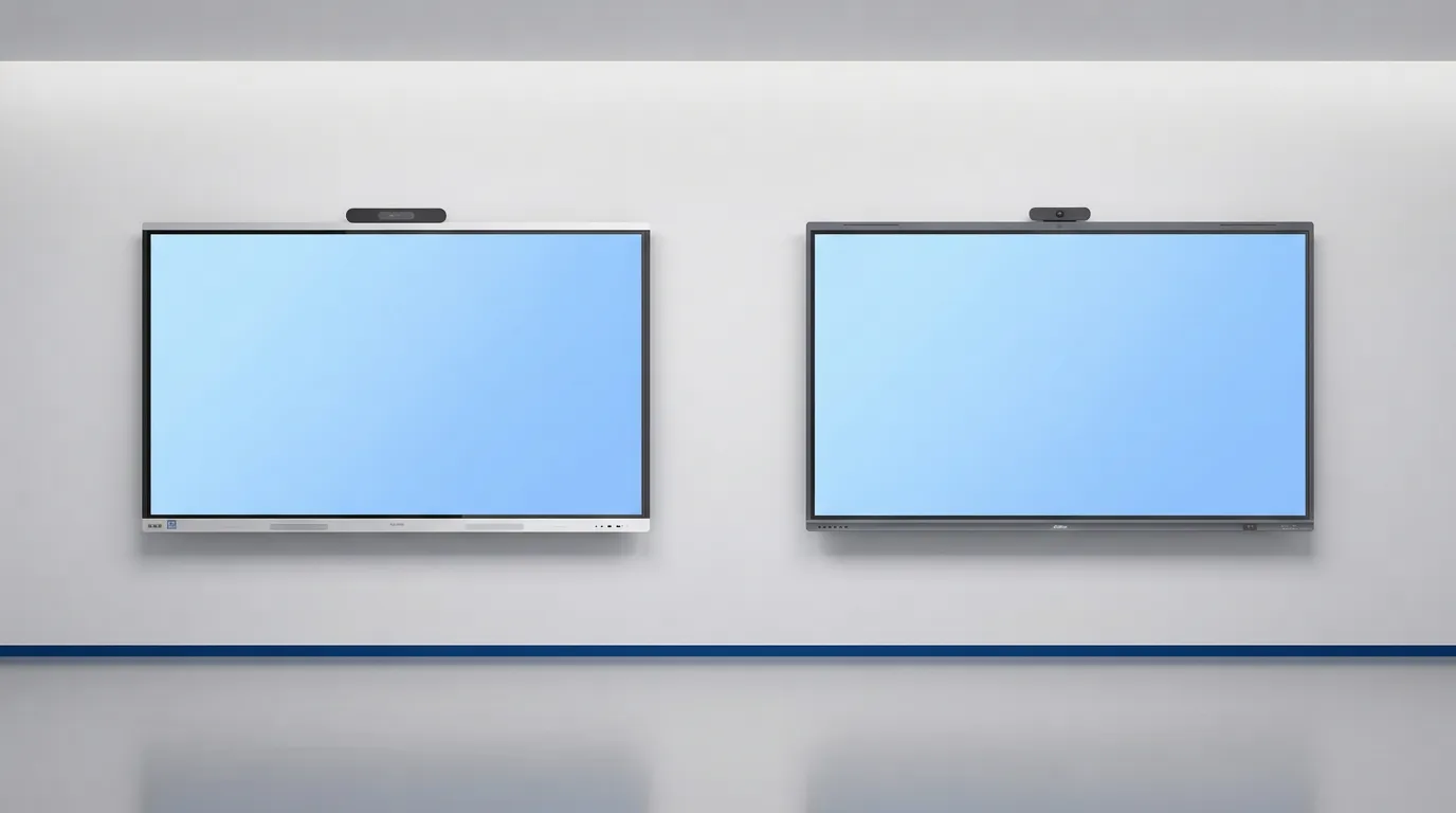 Dahua MC480-U-S2 and Huawei IdeaHub S3 interactive displays side by side on a white wall