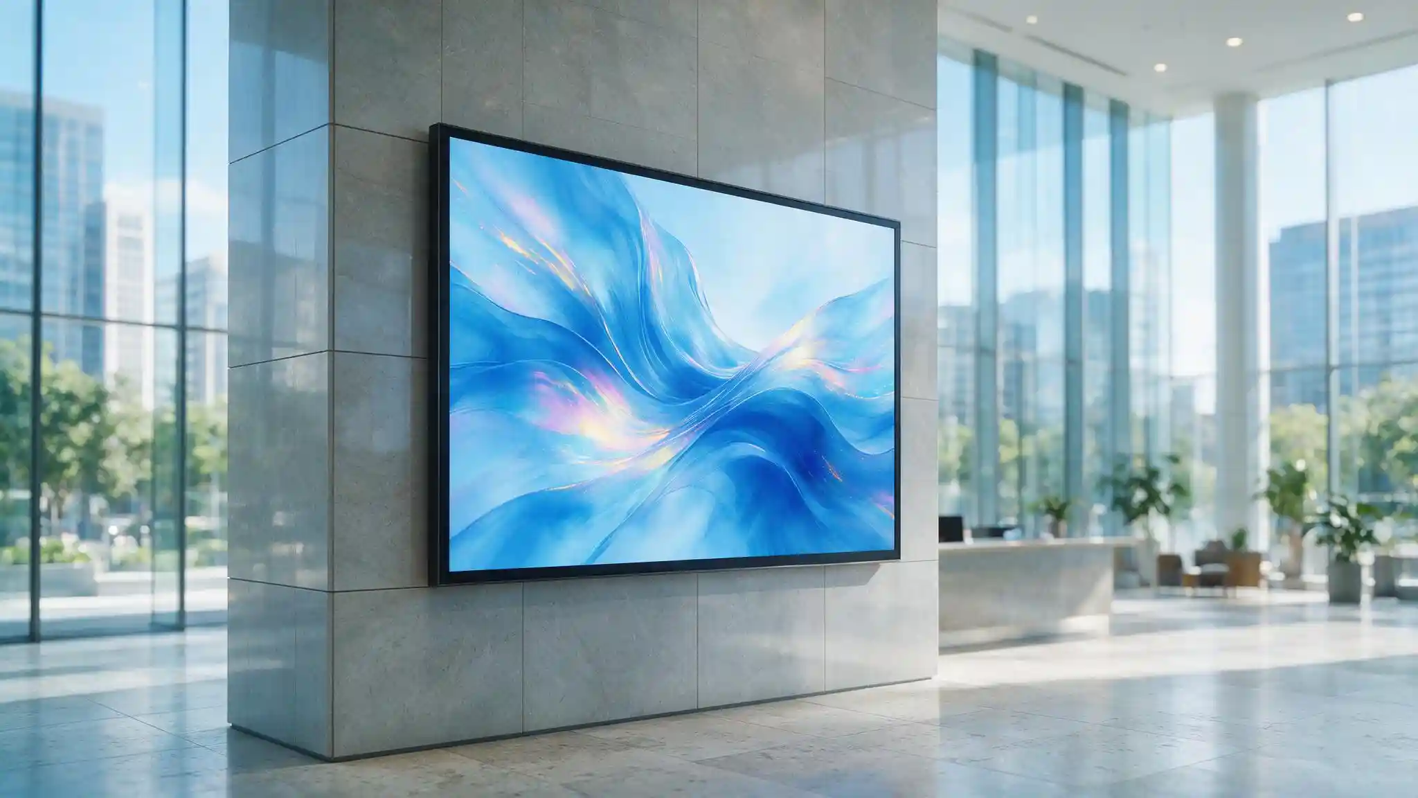 Digital signage display in a corporate building lobby showing wayfinding and welcome content on a large screen