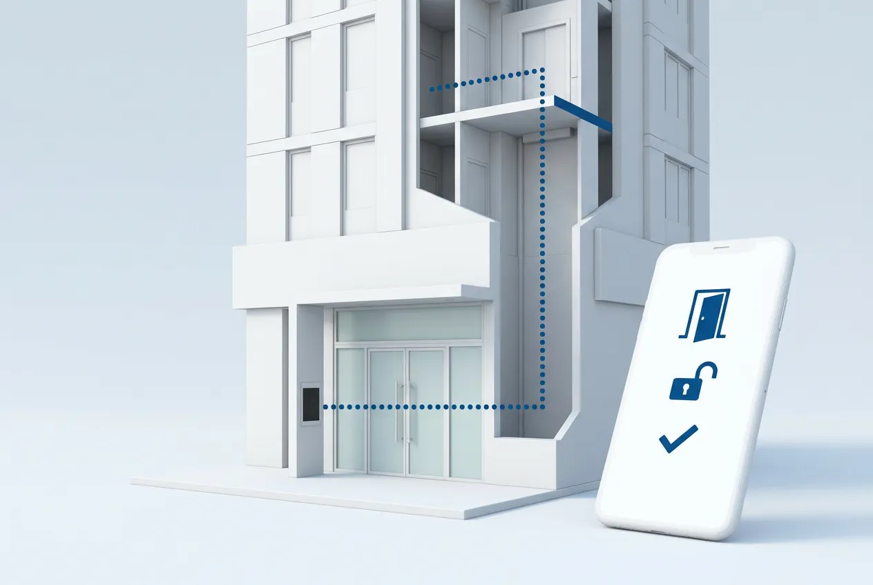 Tower entrance door station linked by a blue path to one floor and a phone