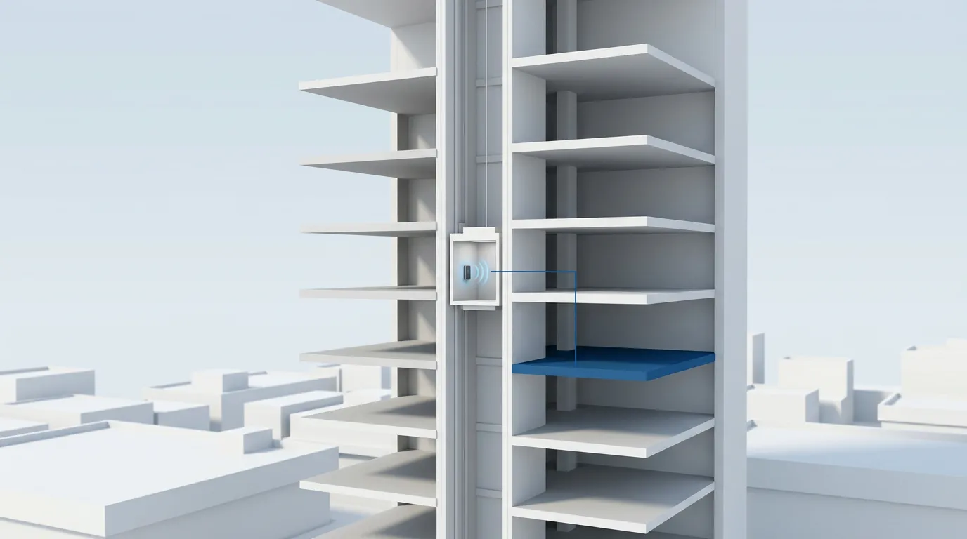 Cutaway tower lift with an access card reader and one allowed floor highlighted in blue