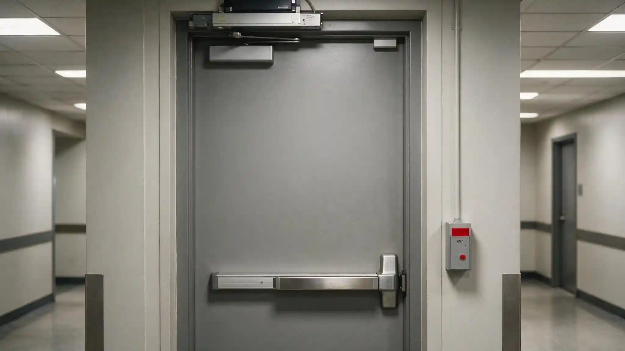 Commercial emergency exit door with panic bar, electromagnetic lock and emergency release for fail-safe egress