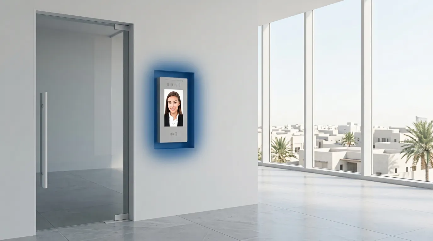 Face recognition access terminal beside a glass entrance door in a bright Saudi office lobby