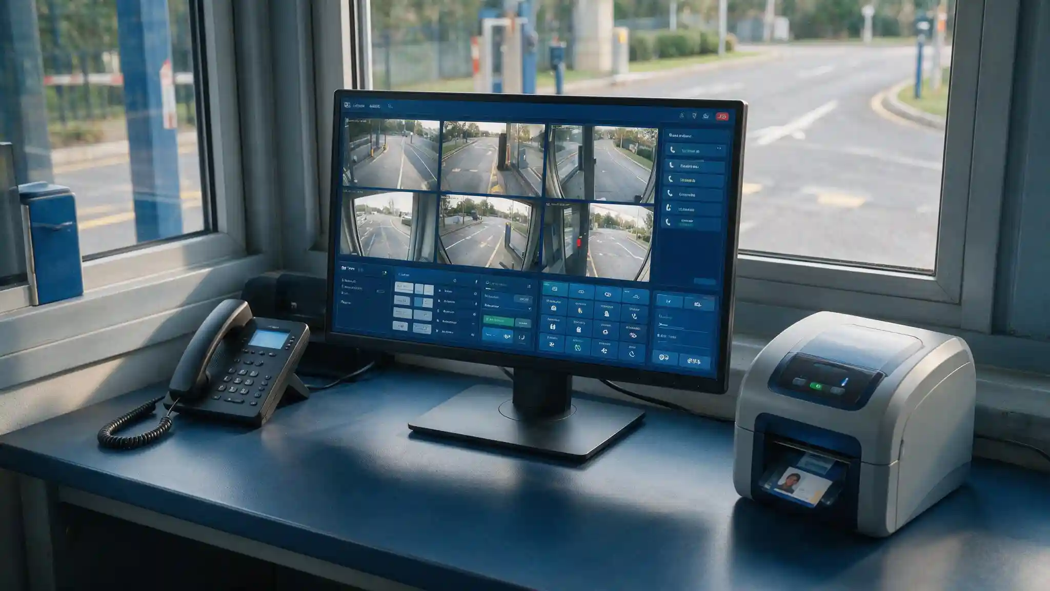 Guard station console at a compound gate house showing intercom call management and entrance camera views