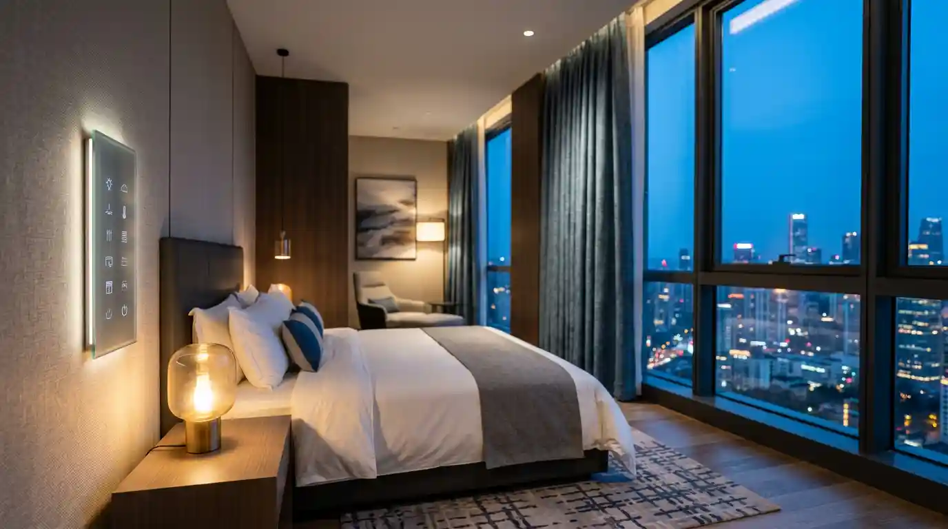 Guest room management system panel controlling hotel room lighting, temperature and do not disturb status