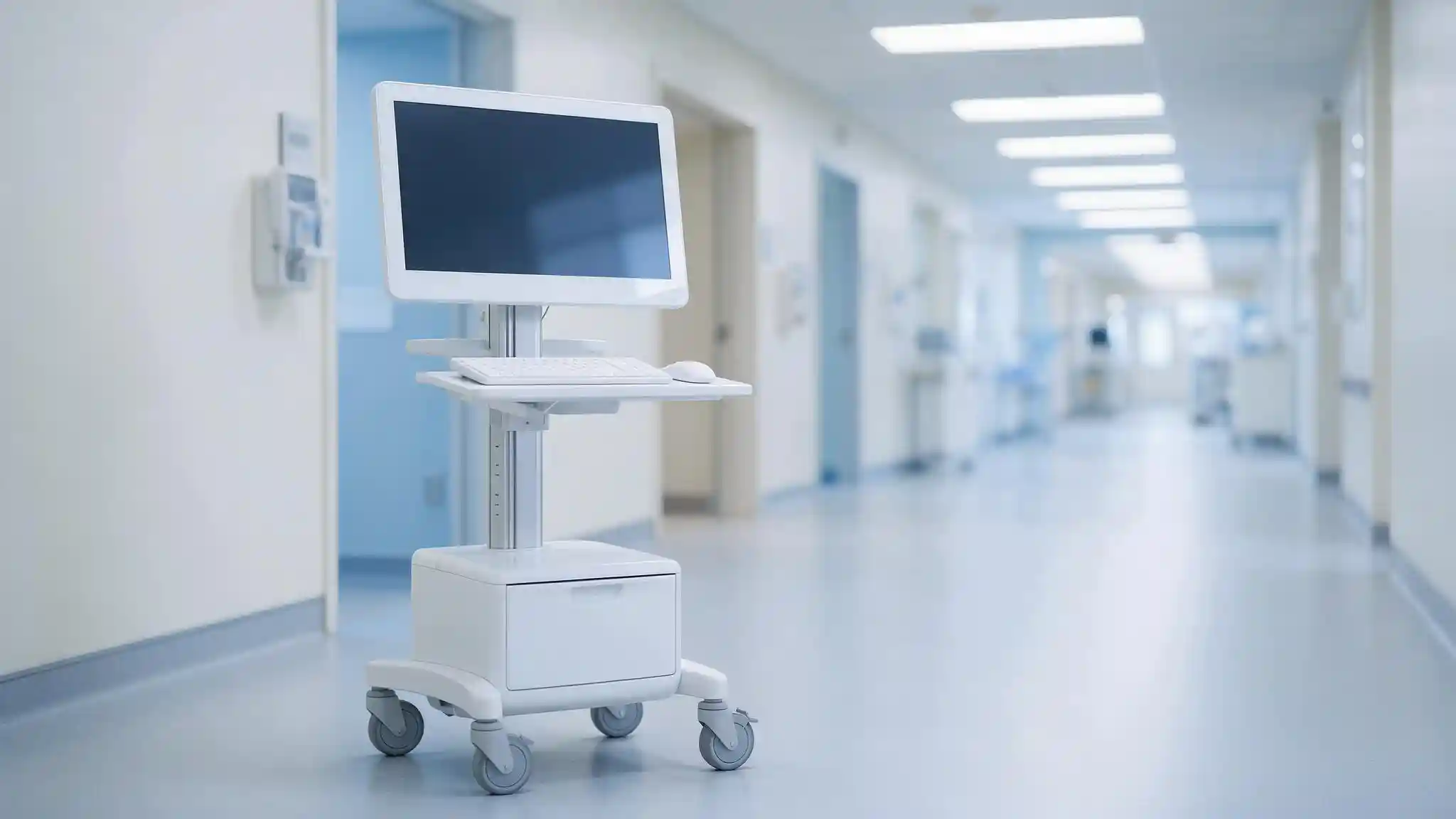 Clinical workstation and connected medical equipment in a hospital corridor protected by network security controls