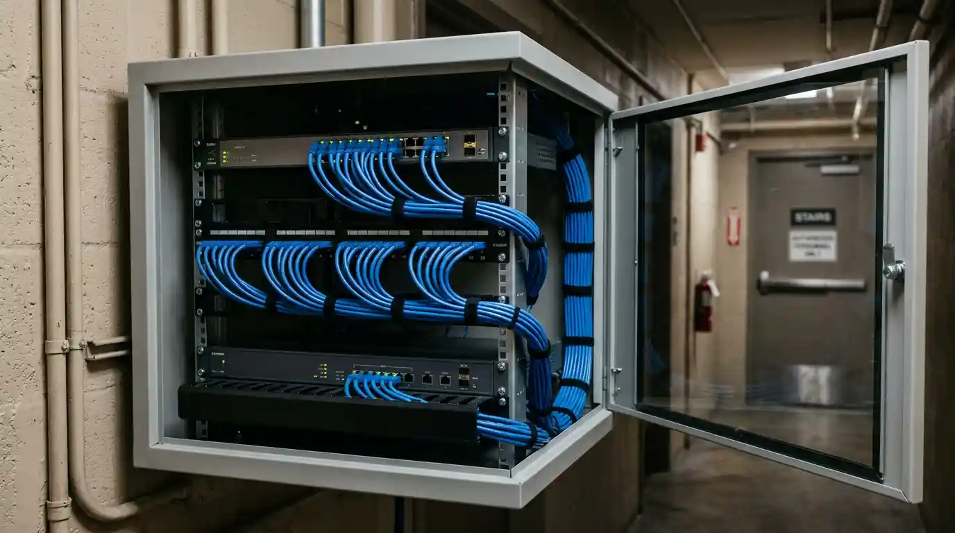 Hotel floor riser cabinet with PoE switch and room controller gateways serving guest room systems