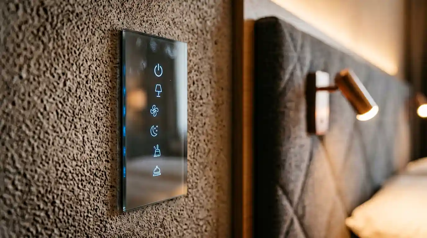 Wall-mounted guest room control panel beside a hotel bed showing lighting and temperature controls