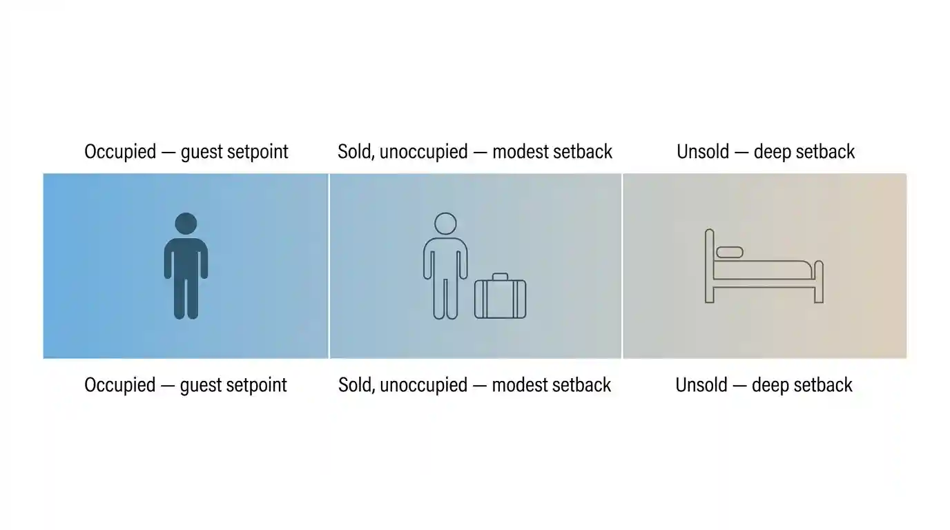Diagram showing hotel room air conditioning setback states for occupied, sold but empty and unsold rooms