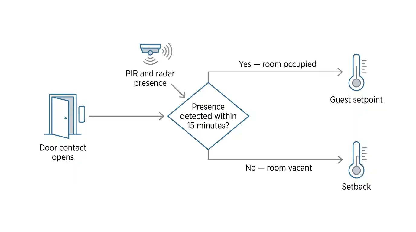 Diagram of hotel room occupancy detection combining door contact, presence sensing and timeout logic