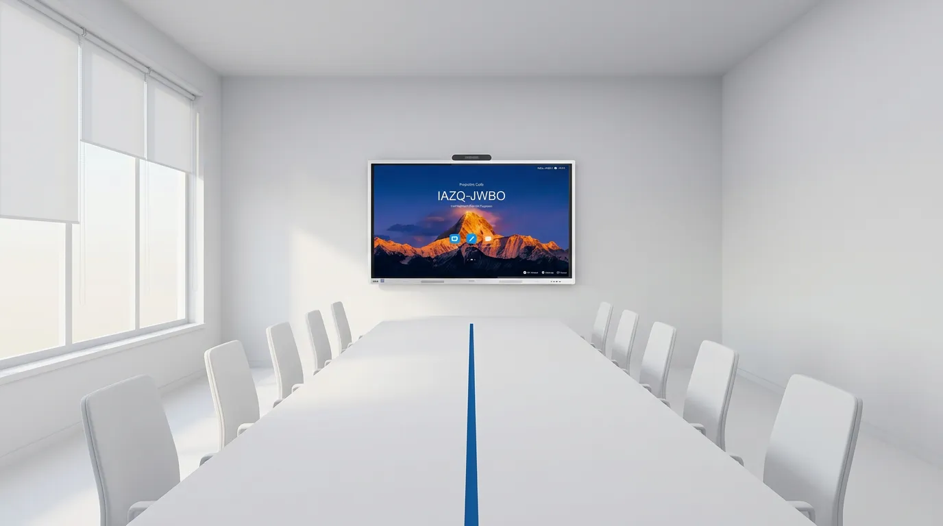 Huawei IdeaHub S3 on the wall of a long boardroom with a meeting table