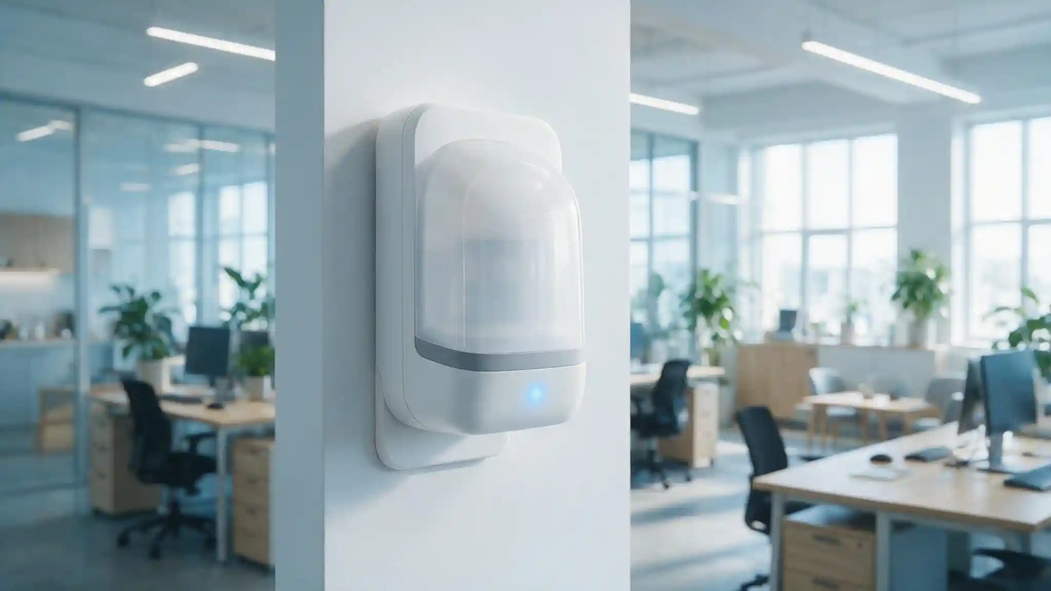 Indoor air quality monitoring sensor in a commercial office measuring carbon dioxide, particulate matter and humidity
