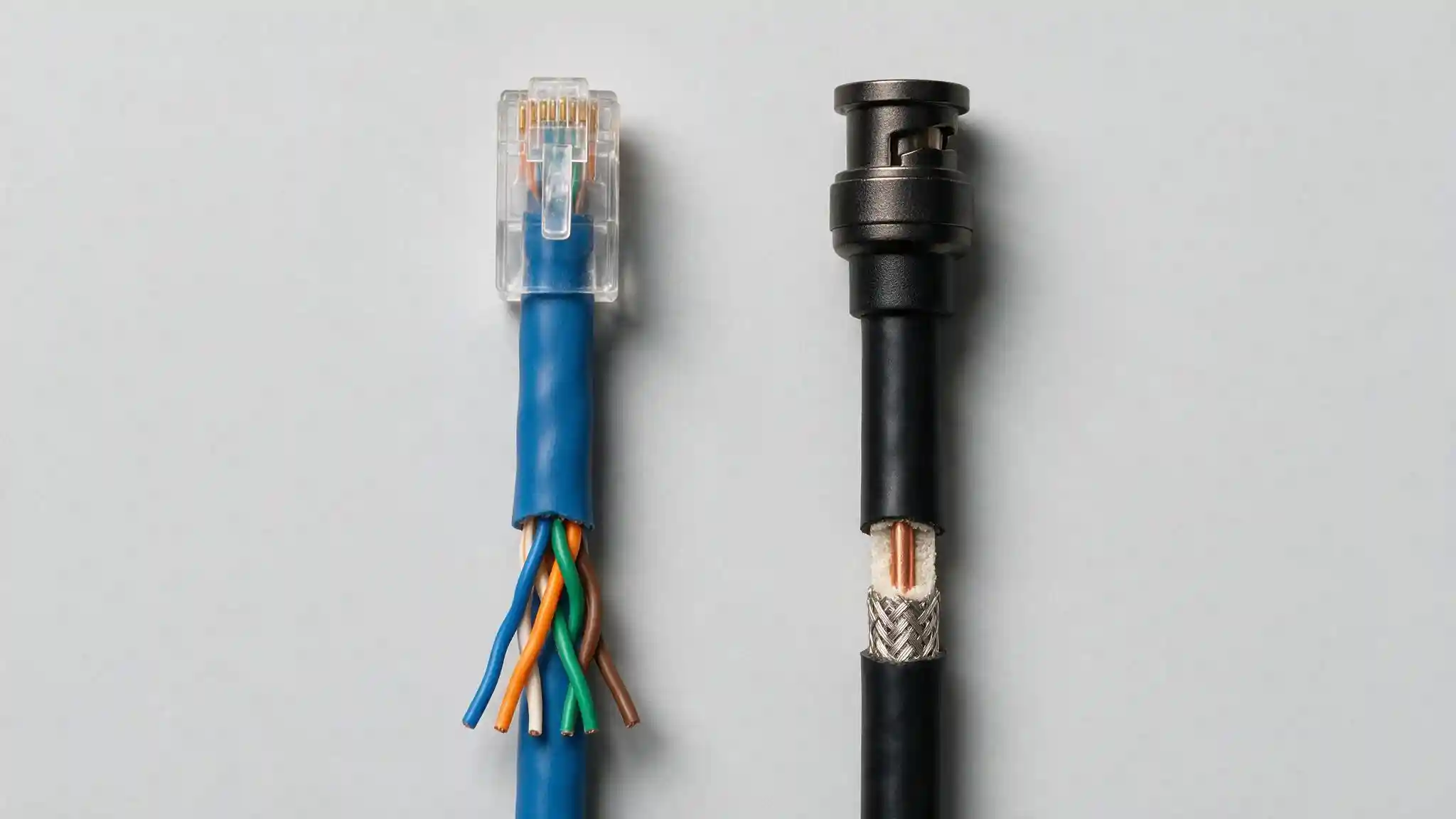 Cat6 twisted pair cable and RG59 coaxial cable laid side by side showing connector and construction differences