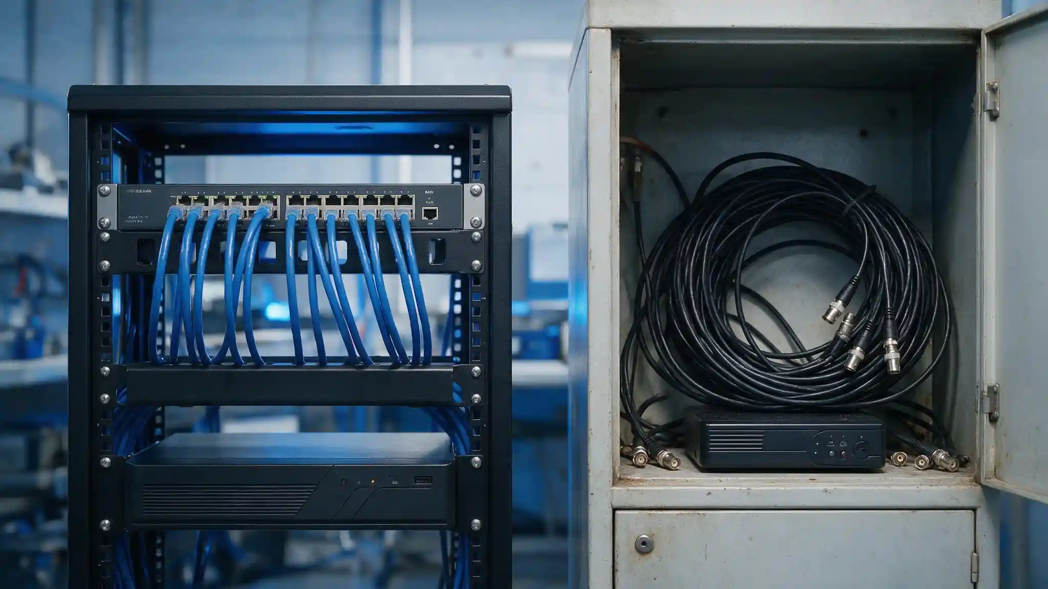 IP cameras vs analog CCTV comparison showing network cabling, PoE switch, NVR rack and coaxial DVR wiring