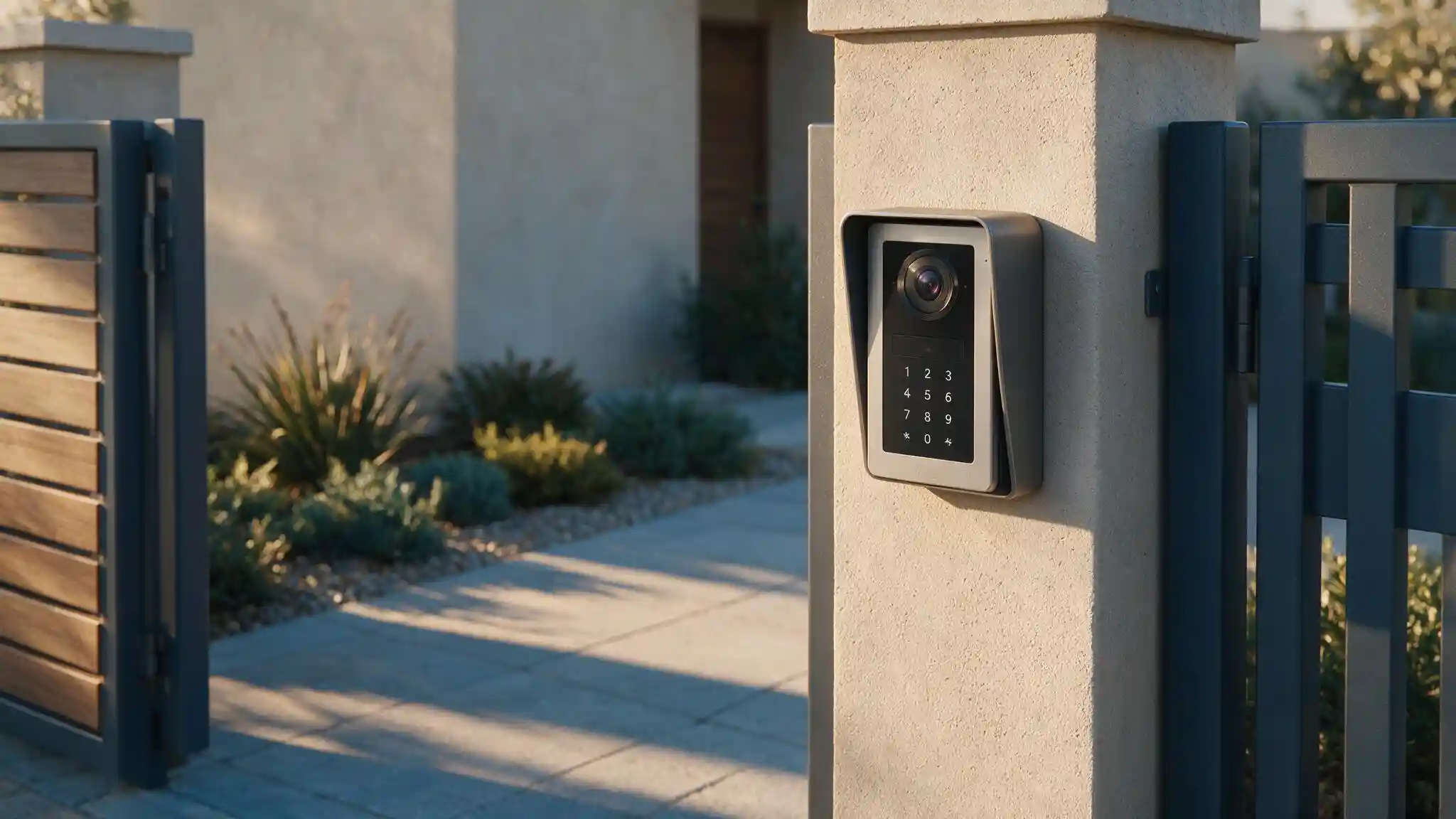 IP video intercom door station at a gated community entrance with resident indoor monitor and guard station access