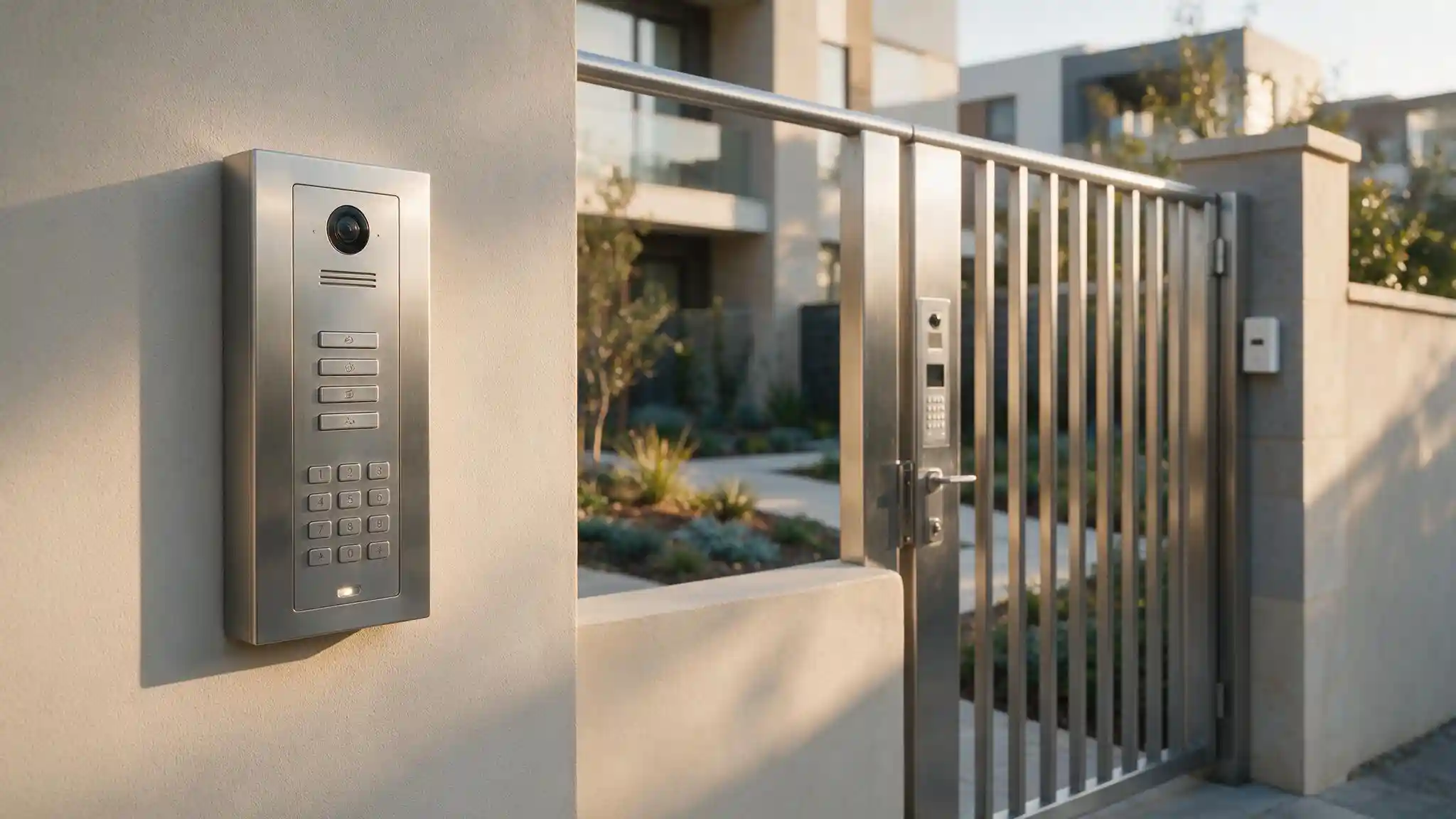 IP video intercom door station at a gated community entrance with resident indoor monitor and guard station access
