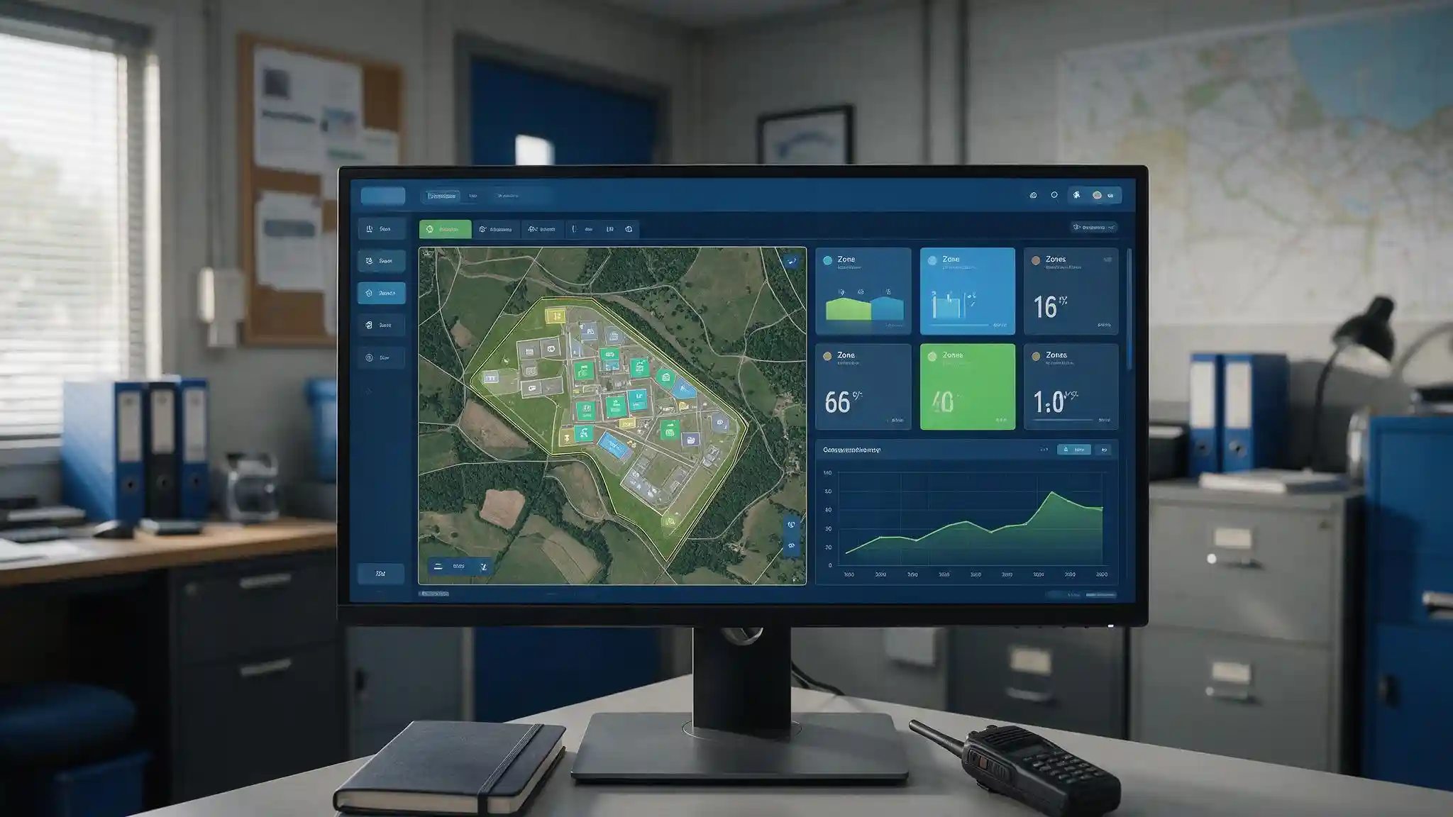 Irrigation management dashboard showing zone flow rates, alerts and water consumption across a compound