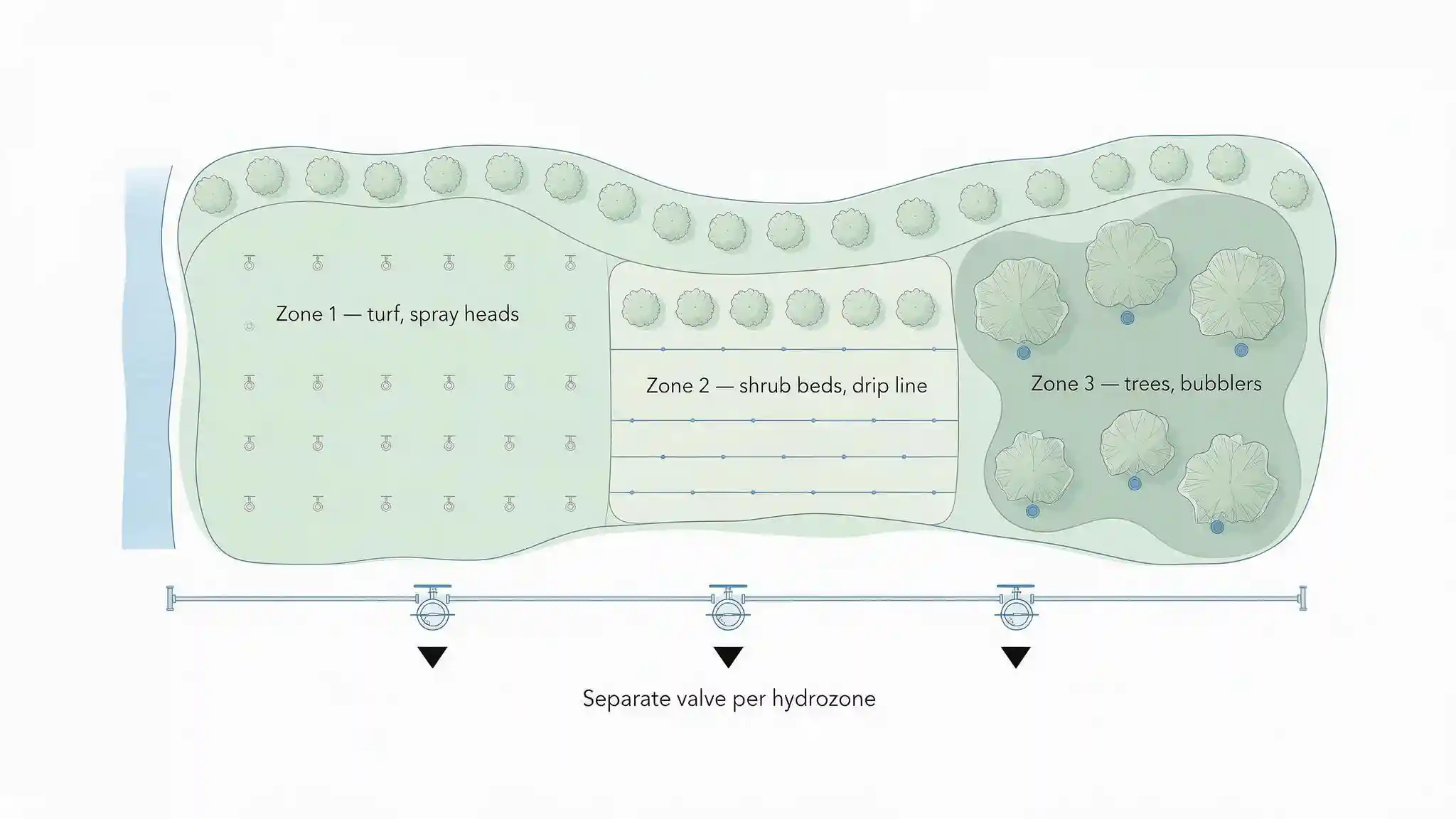 Diagram showing irrigation hydrozoning with separate valves for turf, shrub drip and tree bubbler zones