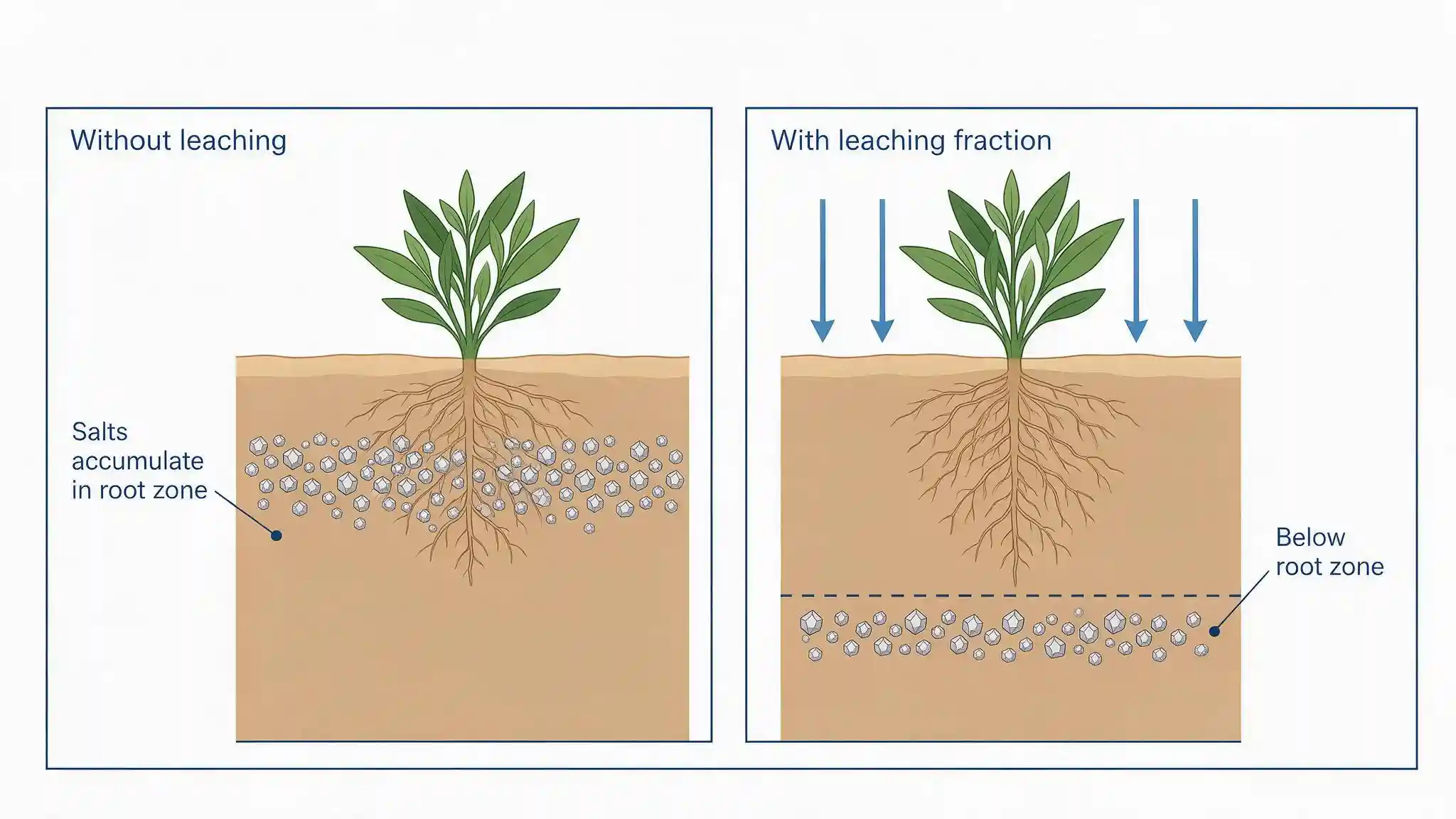 Diagram showing salt accumulation in the root zone and how a leaching fraction flushes salts below plant roots