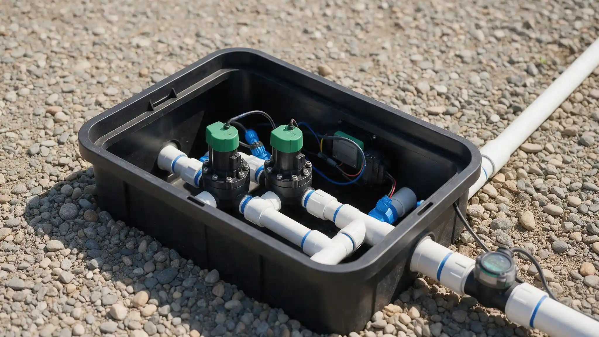 Irrigation valve box with solenoid valves, decoder wiring and mainline flow sensor for leak detection
