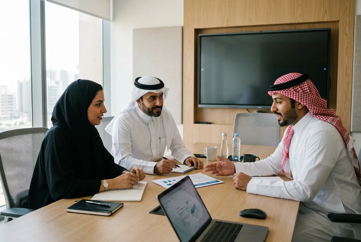 IT team in a meeting room reviewing a monthly device and patch report on a laptop