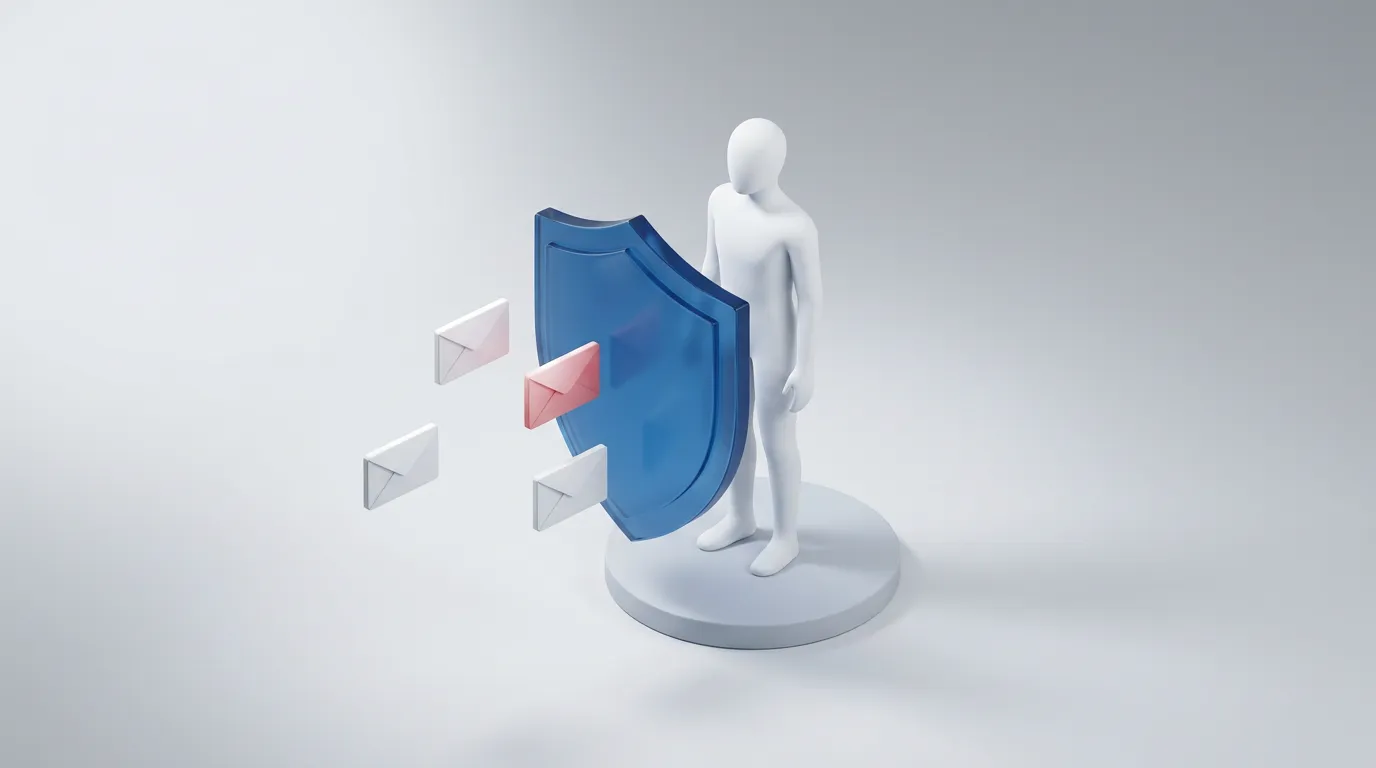 Minimal 3D illustration of a figure protected by a blue shield from incoming email threats