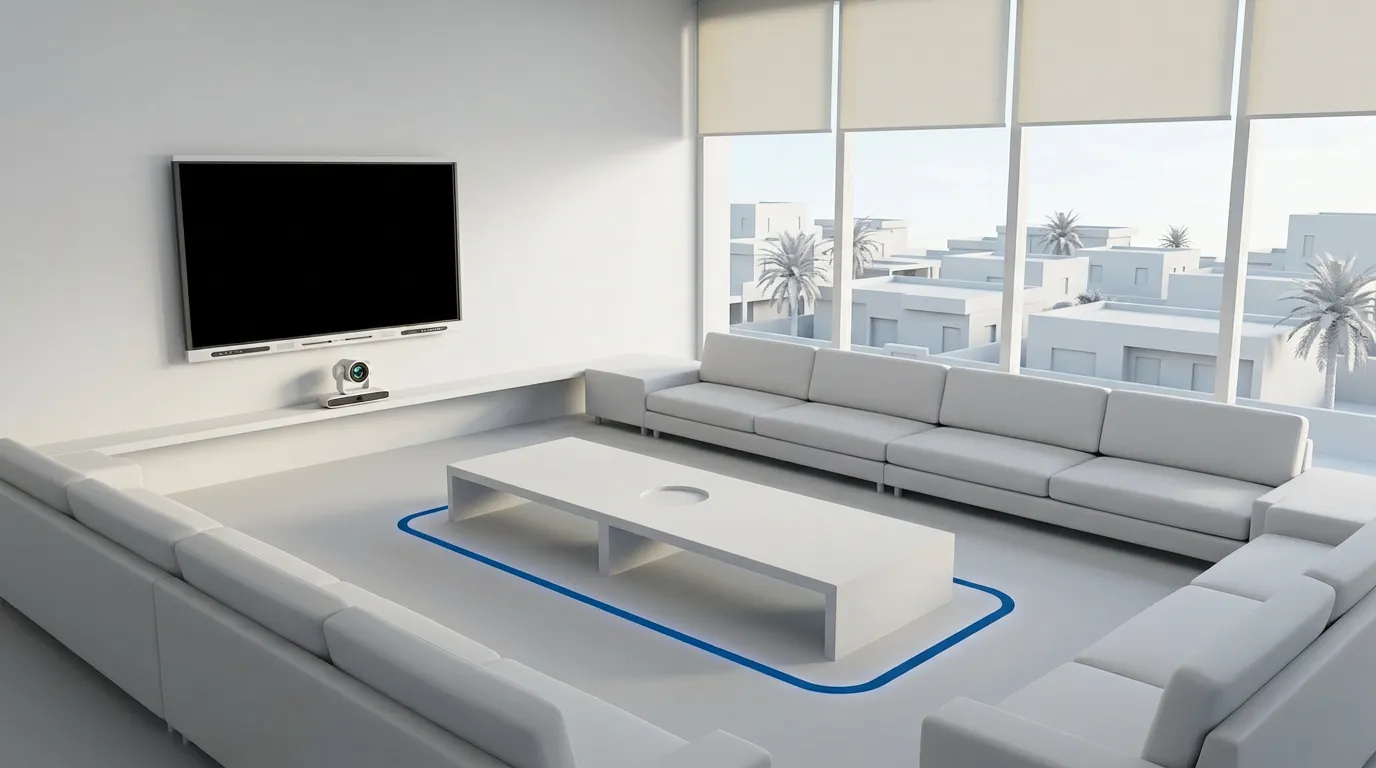 Majlis-style meeting room with perimeter seating, a whiteboard and a speakerphone on the table