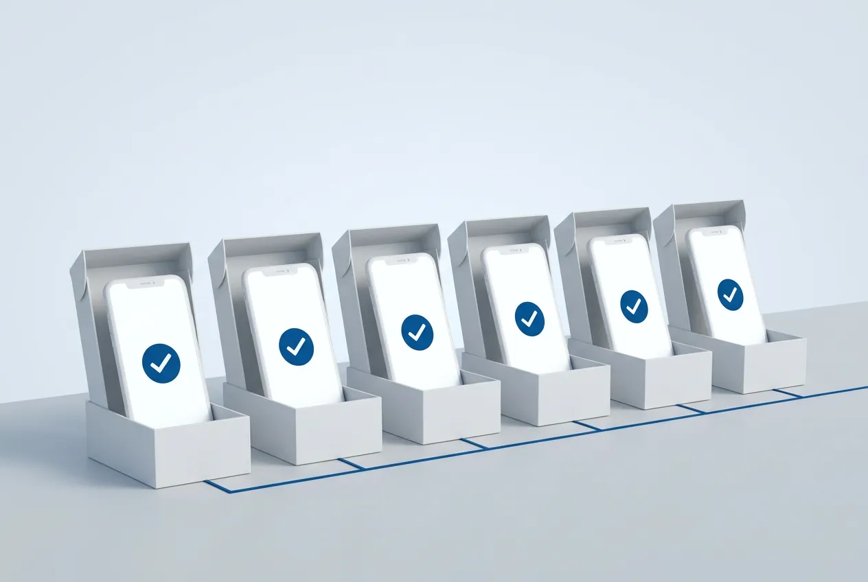 IT technician setting up a batch of new company smartphones on an office desk
