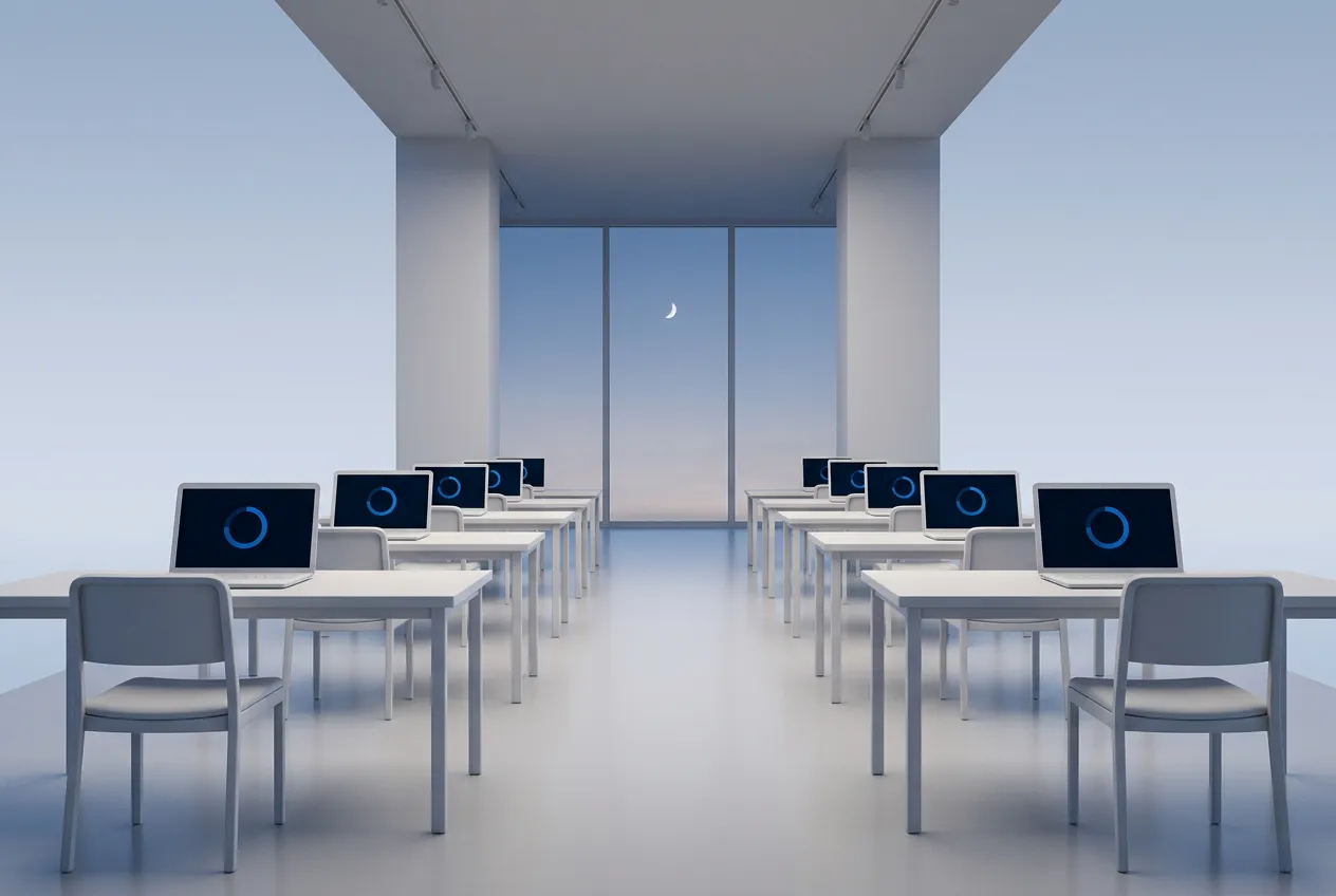 Office laptops left on overnight for scheduled updates in an empty open-plan office