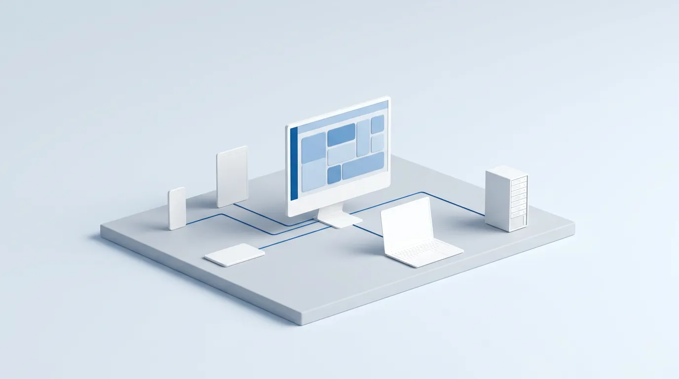 IT manager reviewing company laptops and phones on a device dashboard in an office