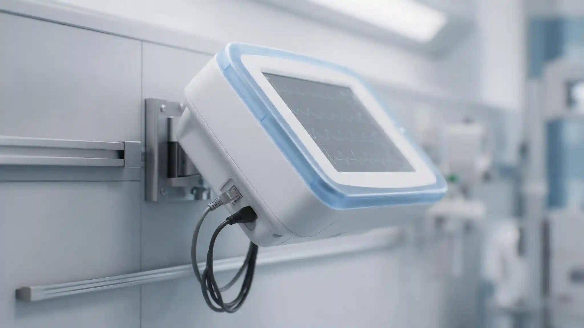 Networked patient monitoring equipment connected by ethernet cable in a clinical care area