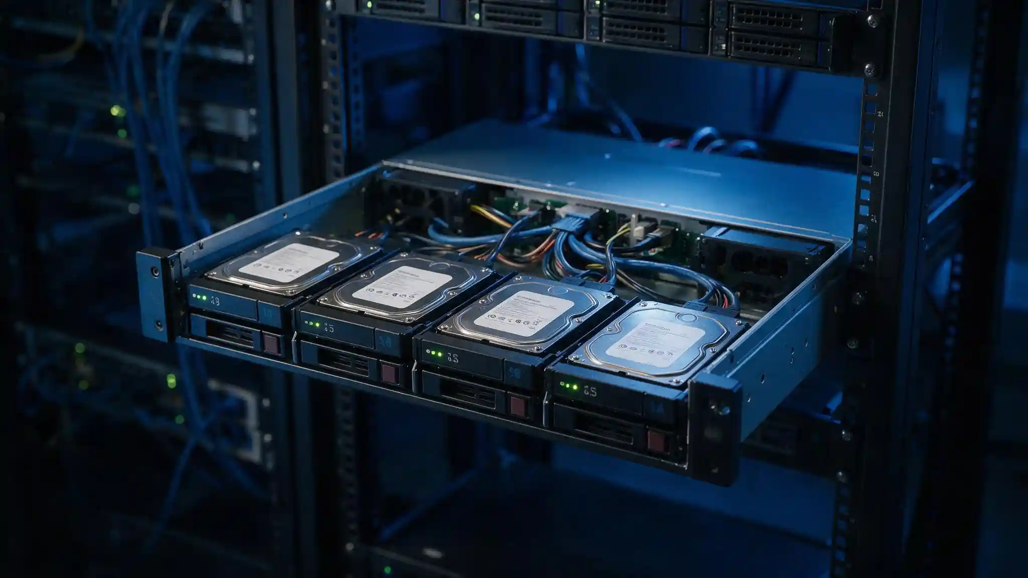 Surveillance-rated hard drives mounted in a network video recorder storage bay inside a server rack