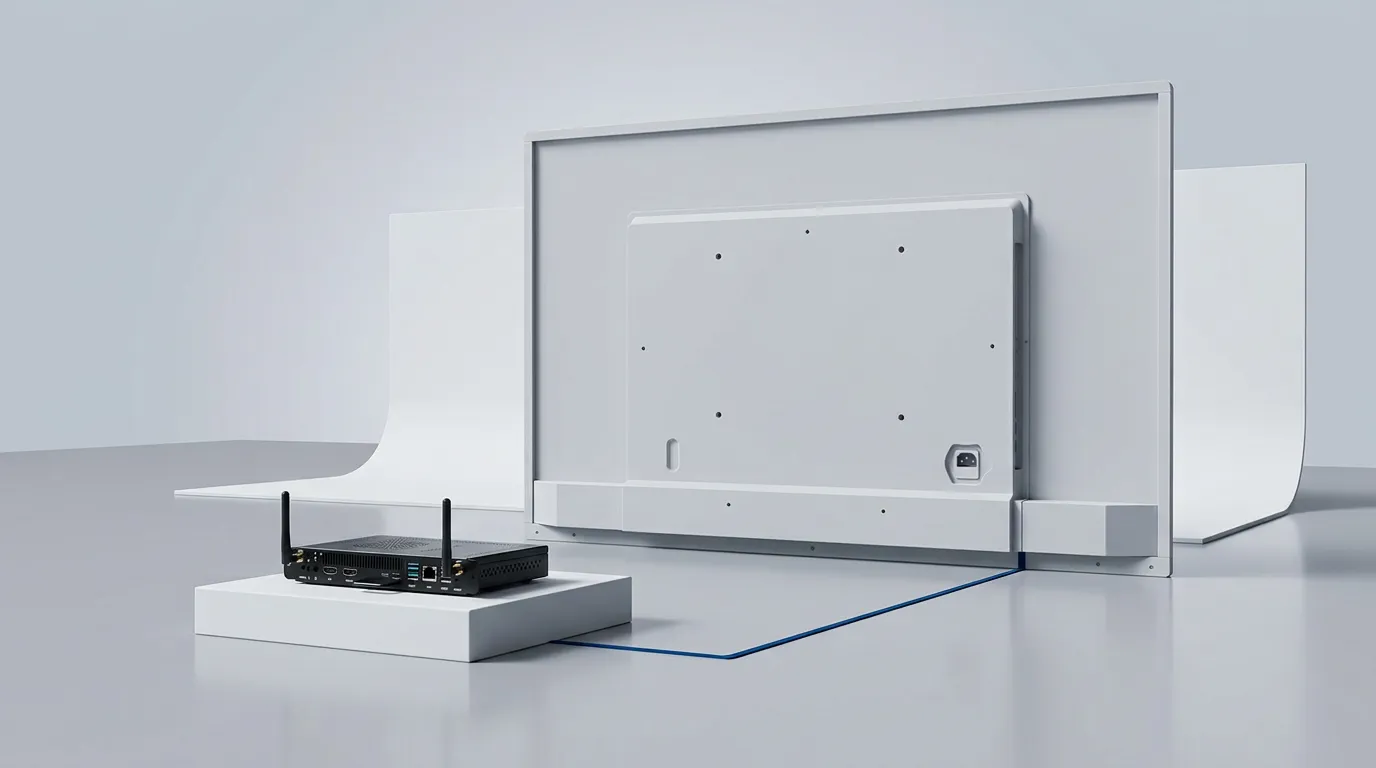 Dahua OPS module in front of the rear of a Dahua DeepHub interactive whiteboard